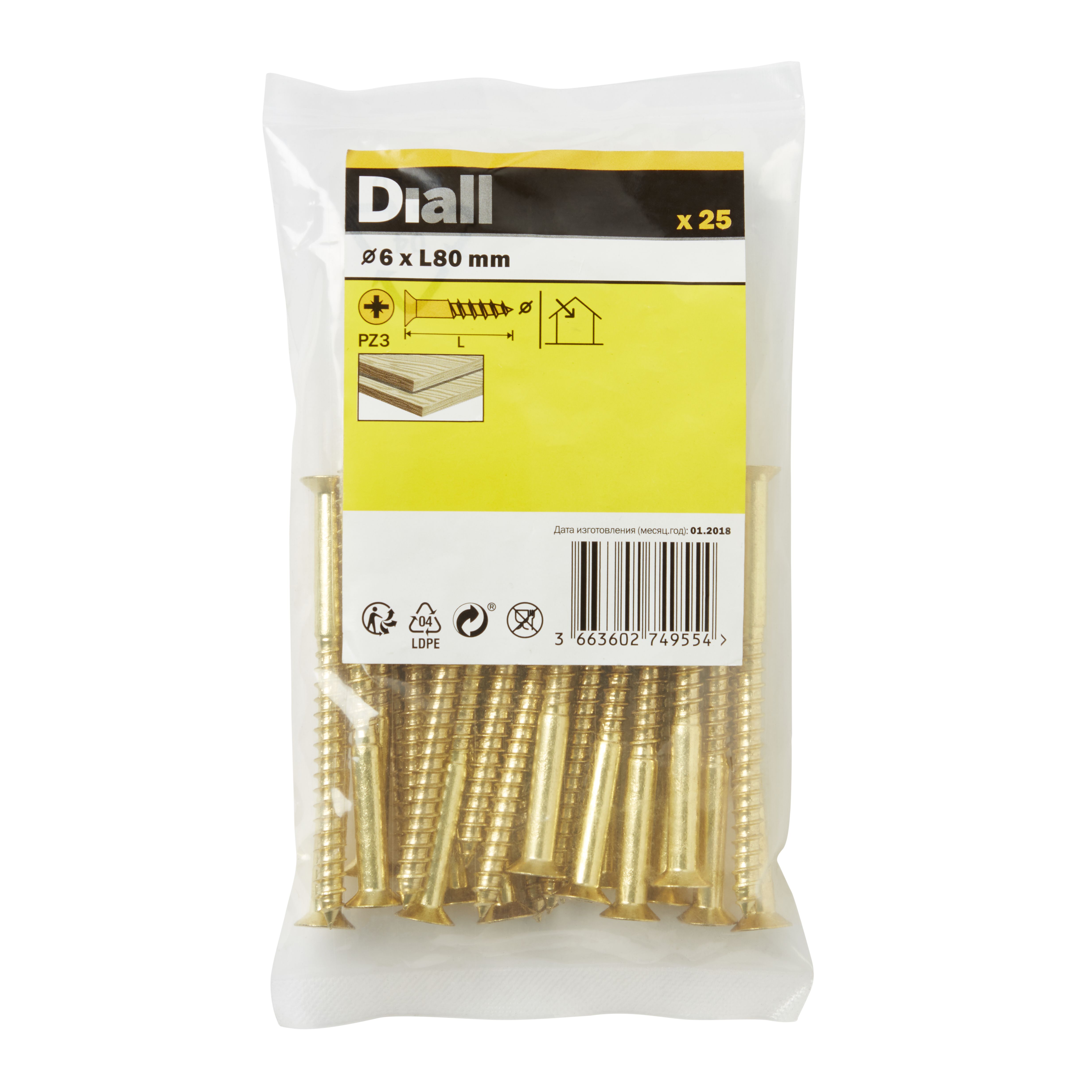 Diall Pozidriv Brass Screw (Dia)6mm (L)80mm, Pack of 25