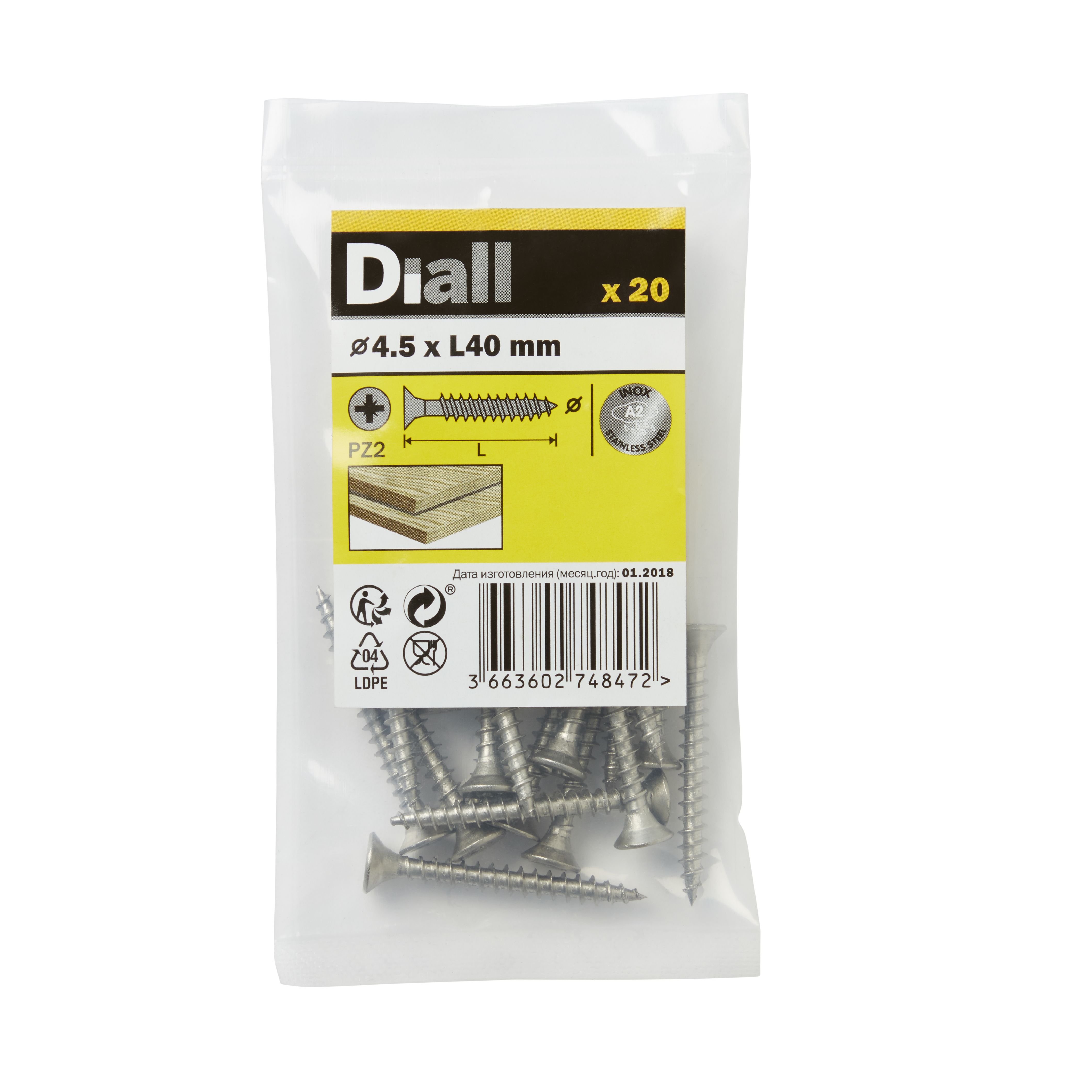 Diall Pozidriv Stainless steel Screw (Dia)4.5mm (L)40mm, Pack of 20