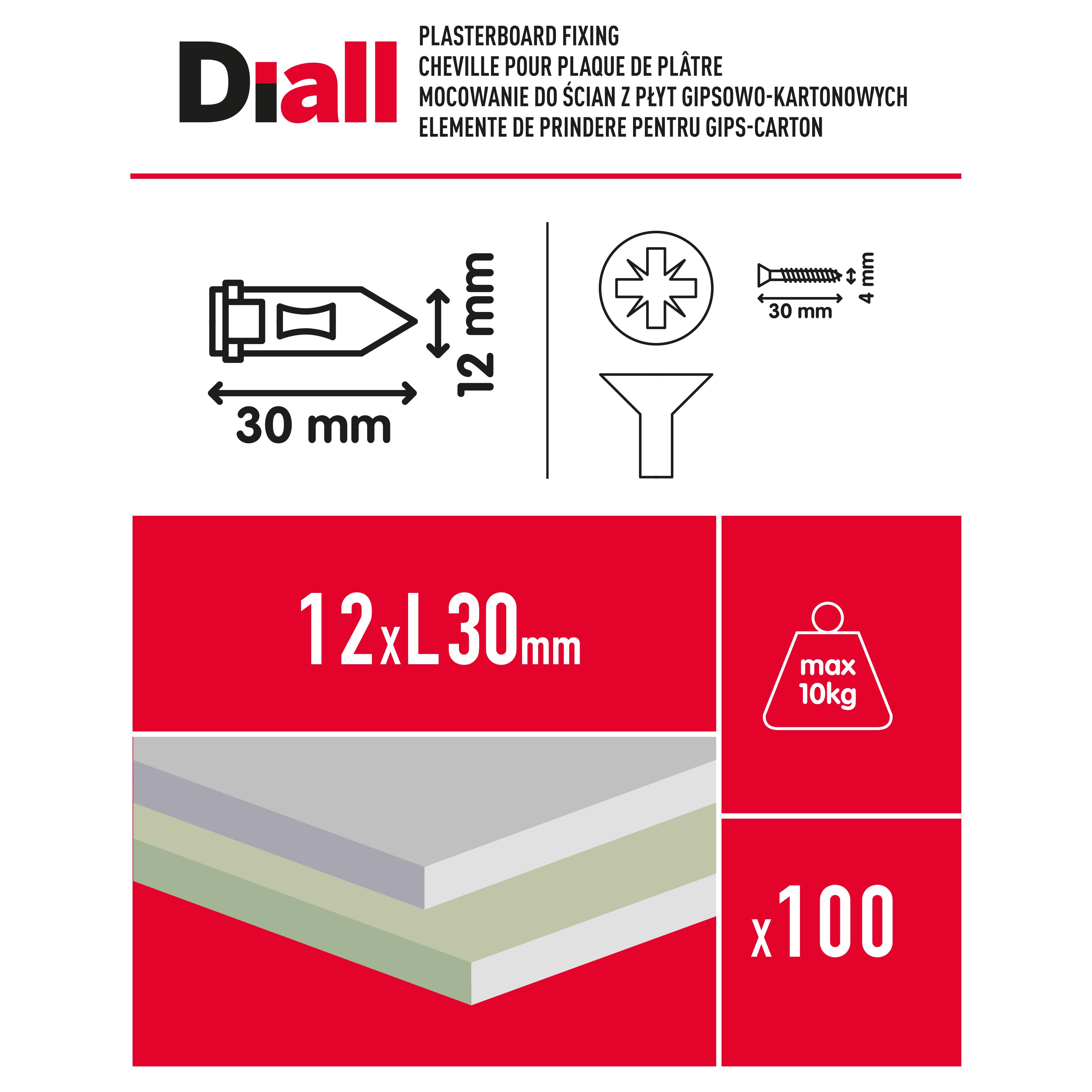 Diall Single Plasterboard fixing (Dia)12mm (L)30mm, Pack of 100