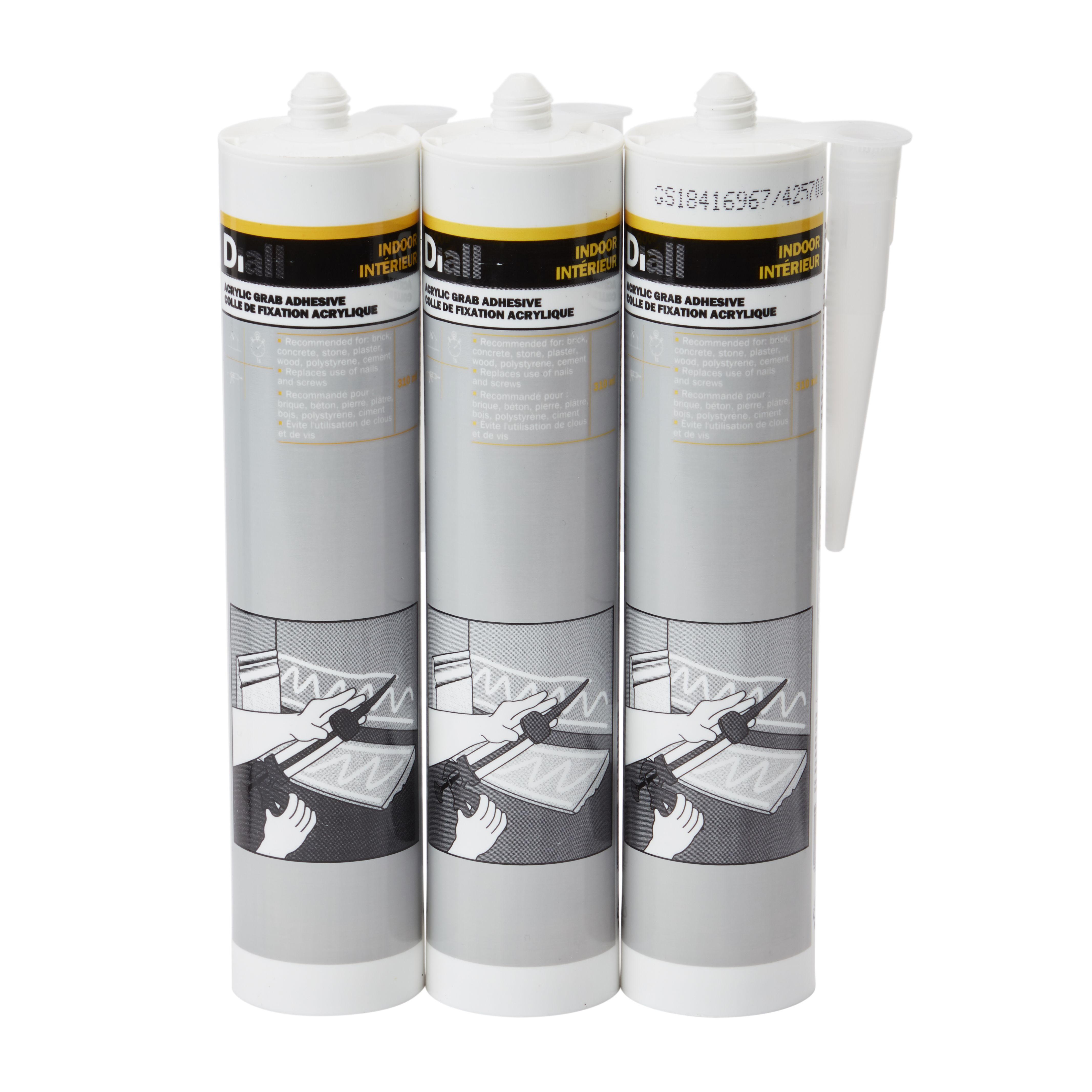 Diall Solventfree Acrylicbased White Grab adhesive 930ml, Pack of 3