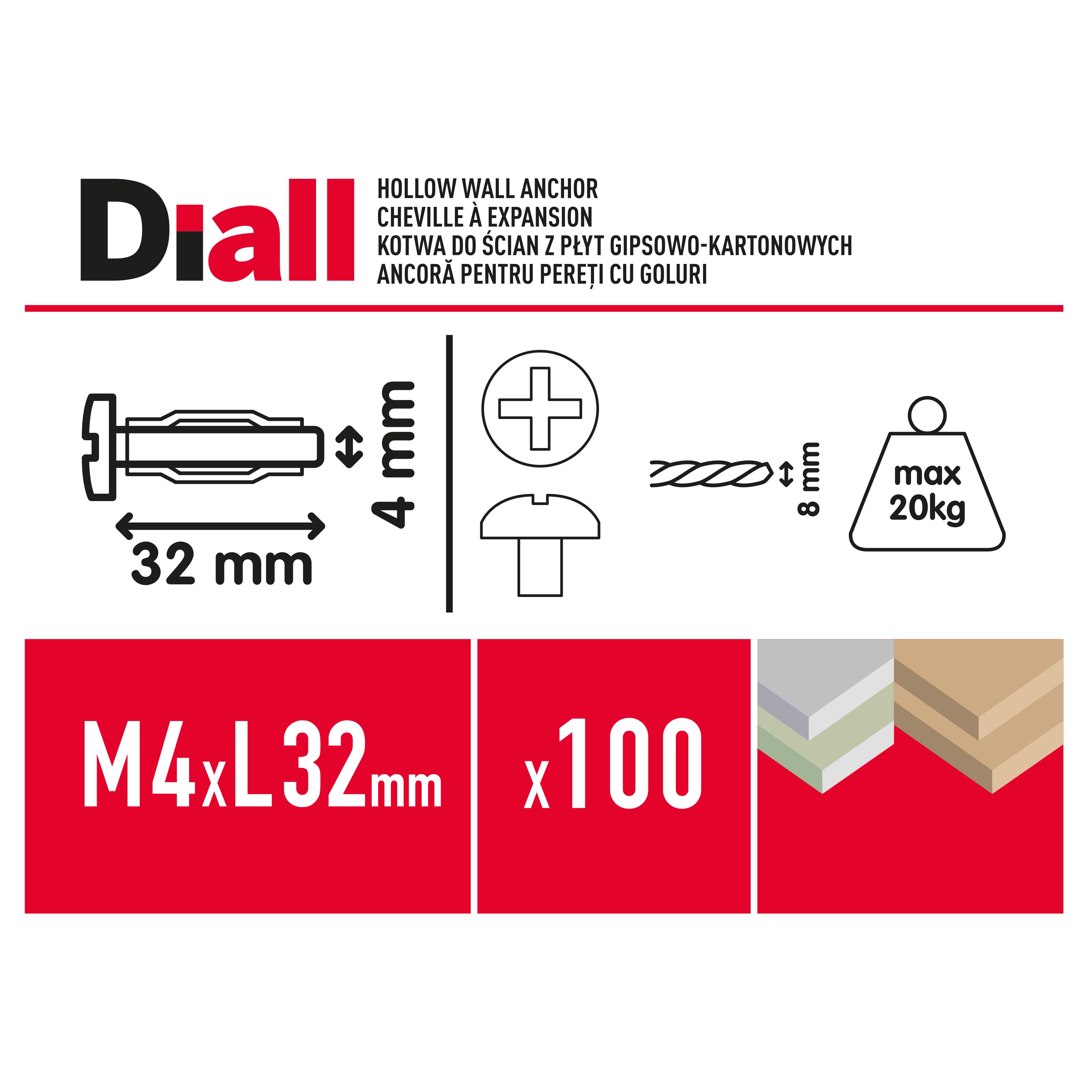 Diall Steel Button Hollow wall anchor M4 (L)32mm, Pack of 100