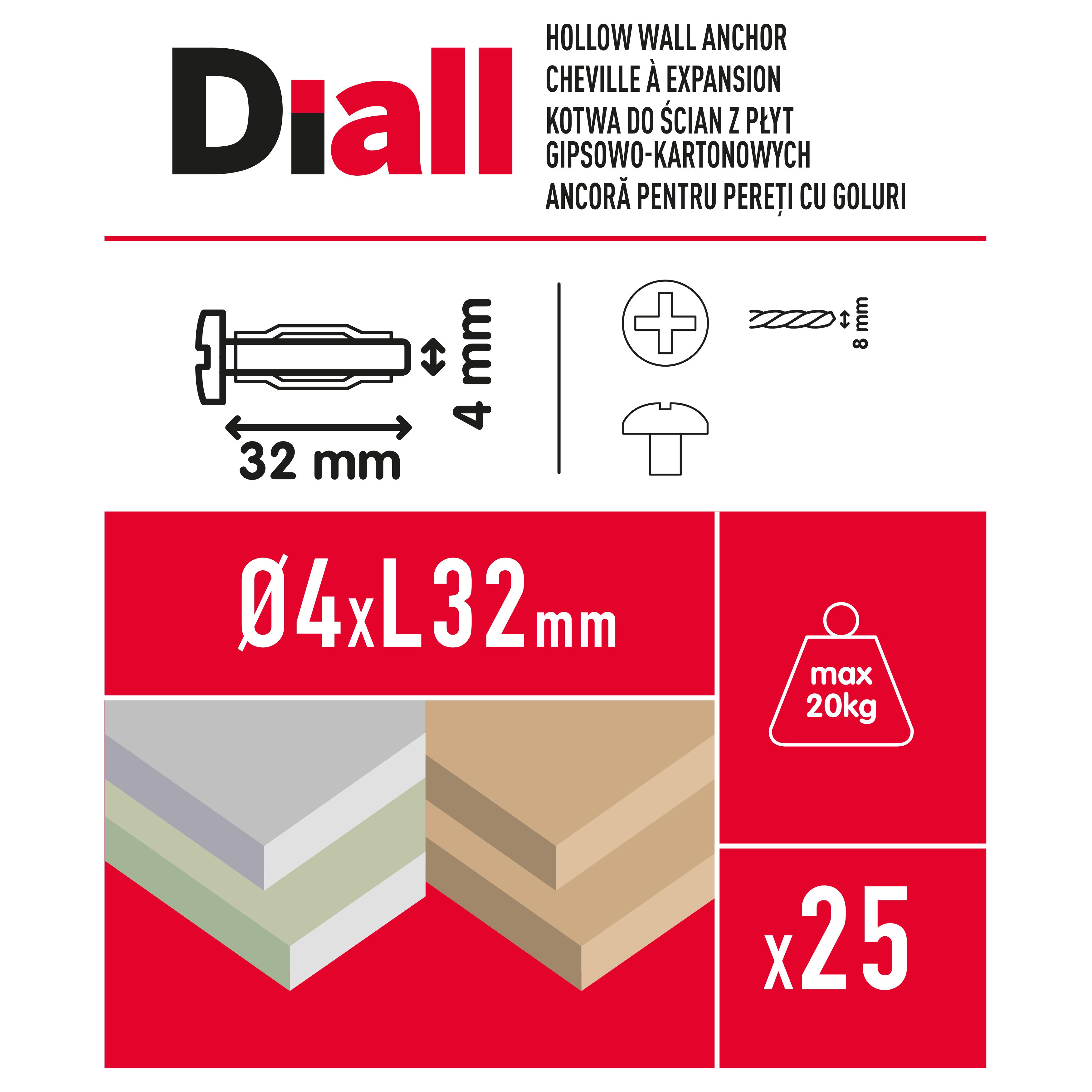 Diall Steel Button Hollow wall anchor M4 (L)32mm, Pack of 25