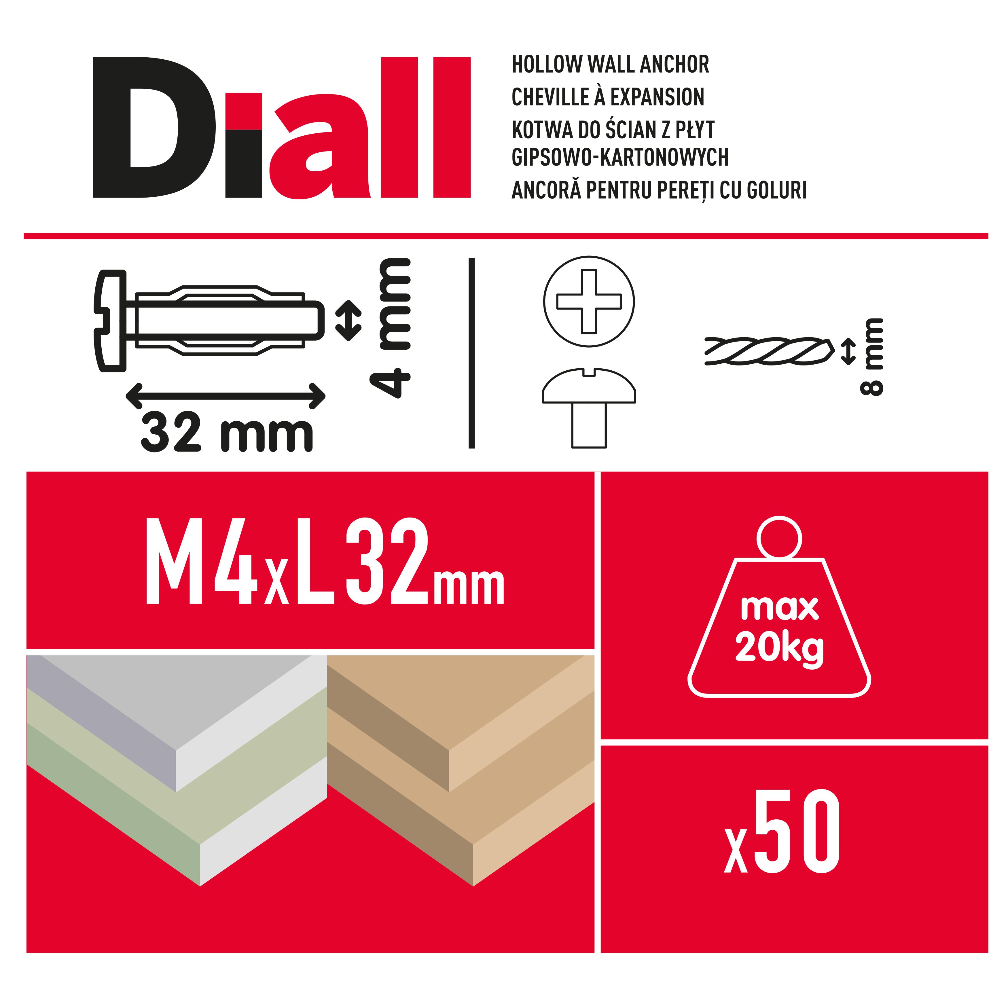 Diall Steel Button Hollow wall anchor M4 (L)32mm, Pack of 50
