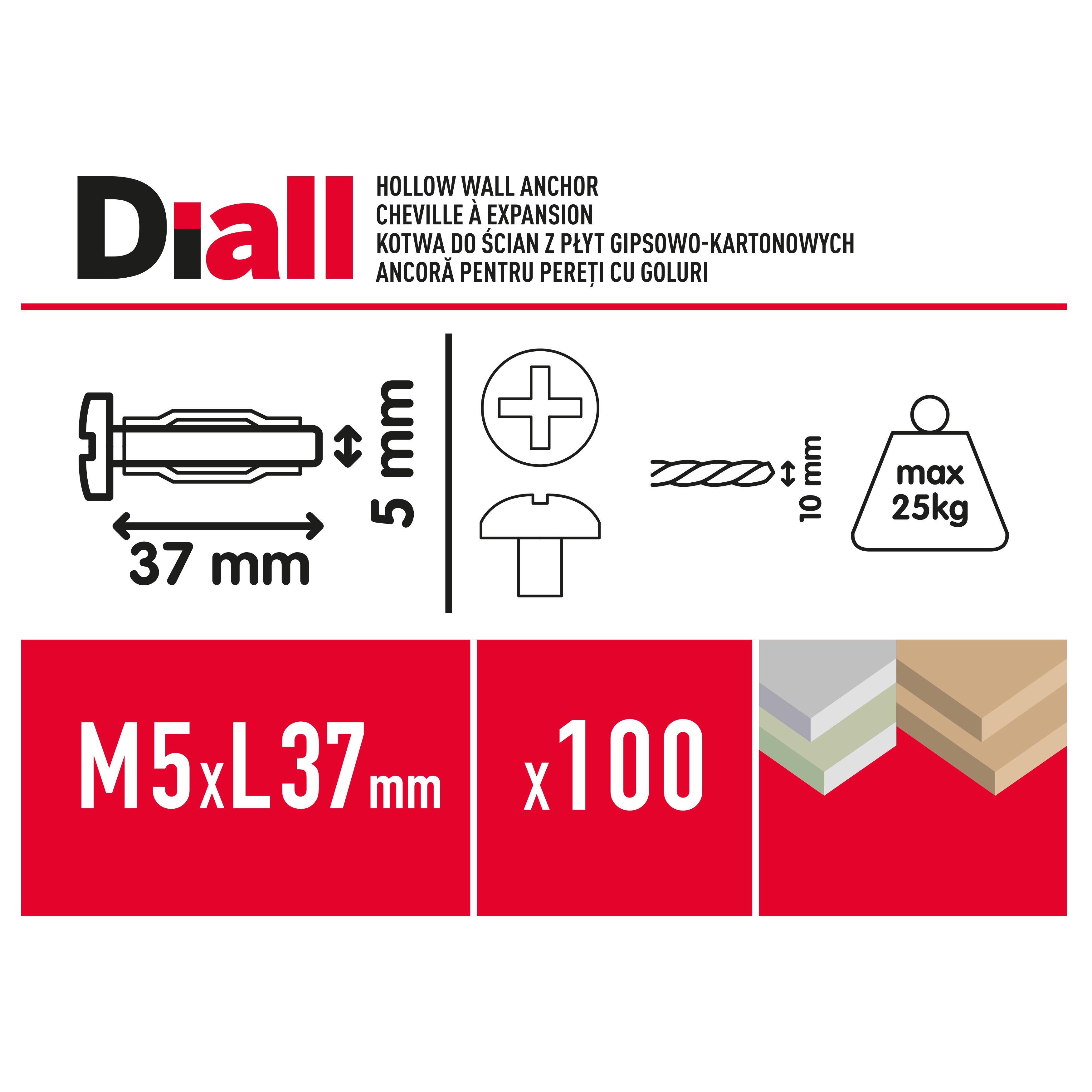 Diall Steel Button Hollow wall anchor M5 (L)37mm, Pack of 100