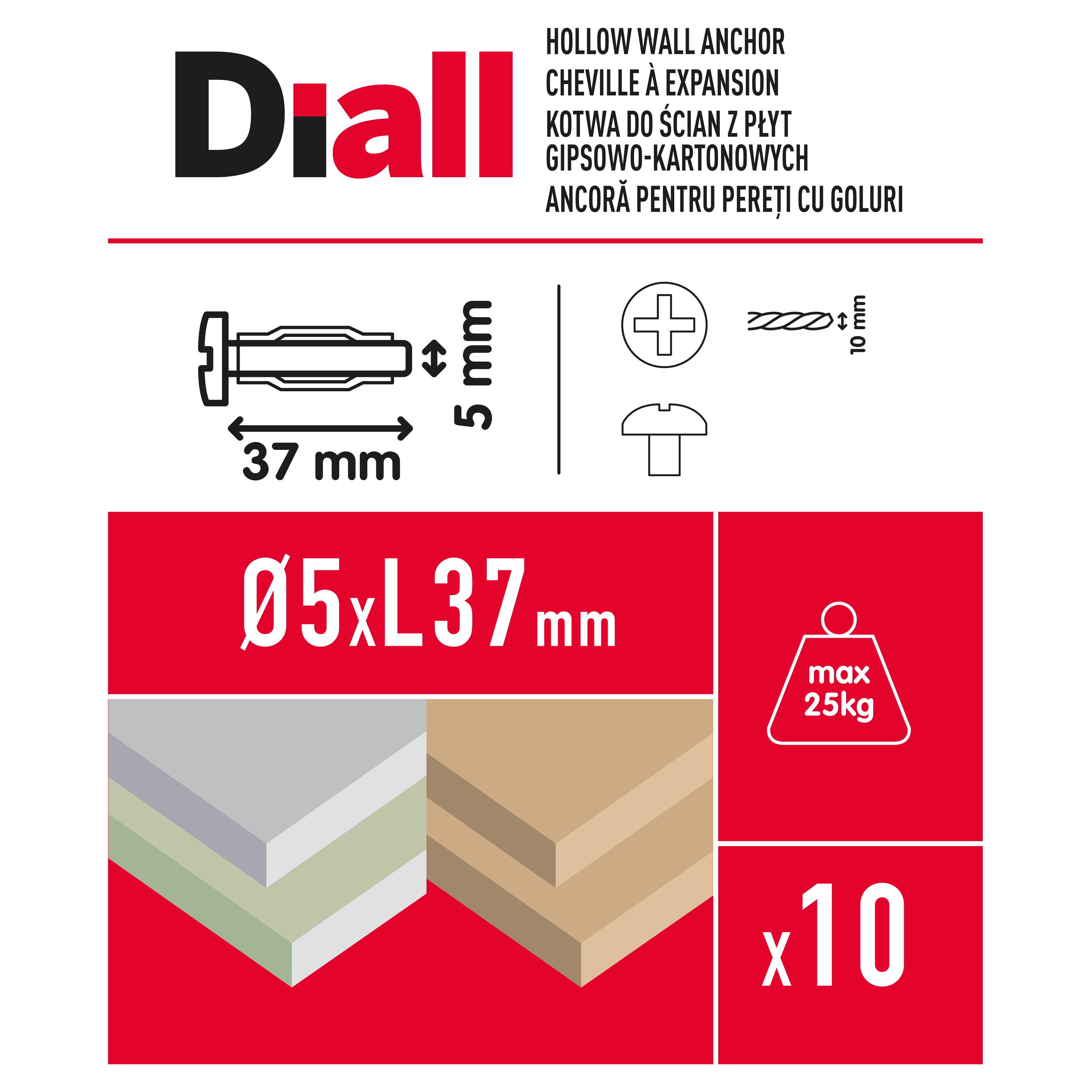 Diall Steel Button Hollow wall anchor M5 (L)37mm, Pack of 10