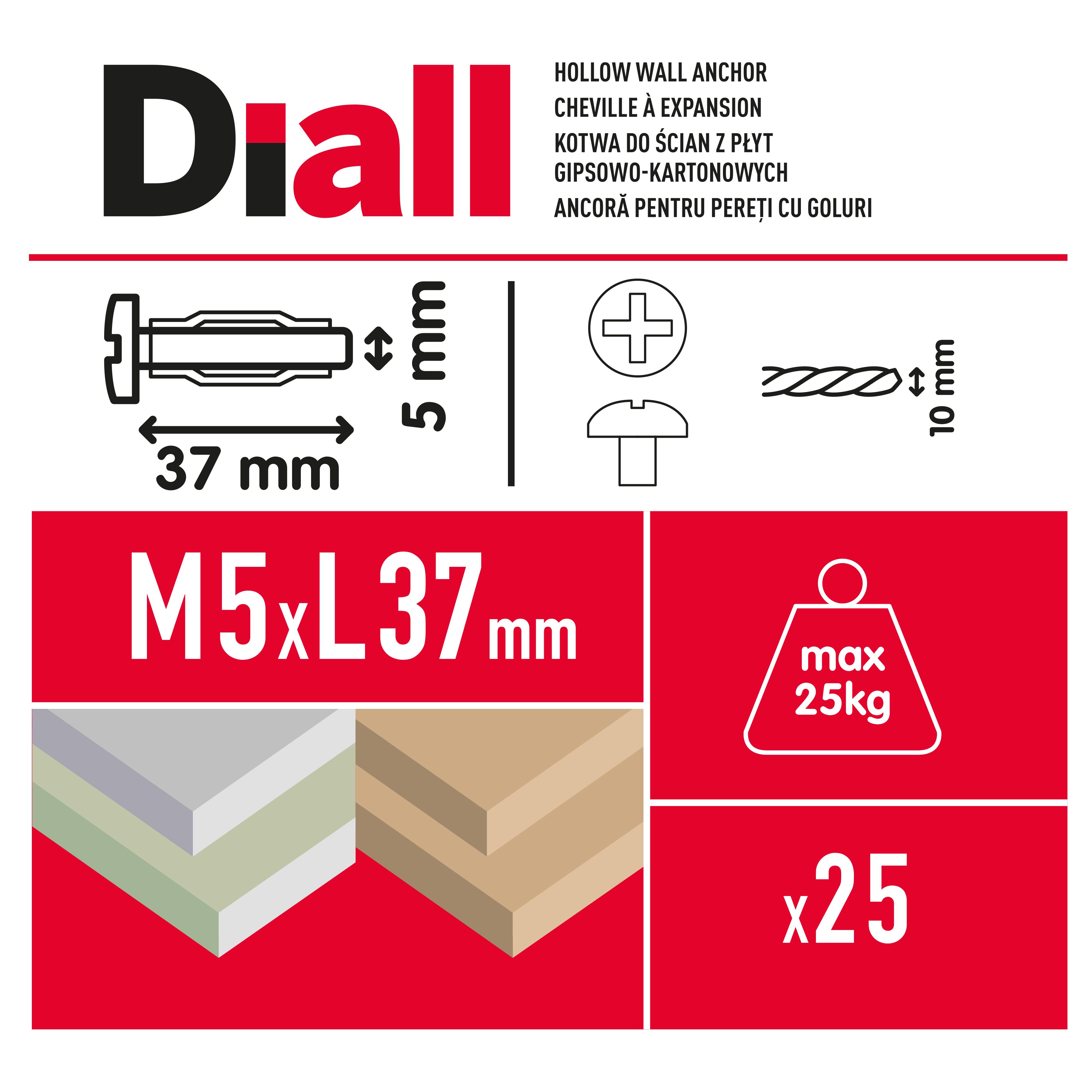 Diall Steel Button Hollow wall anchor M5 (L)37mm, Pack of 25