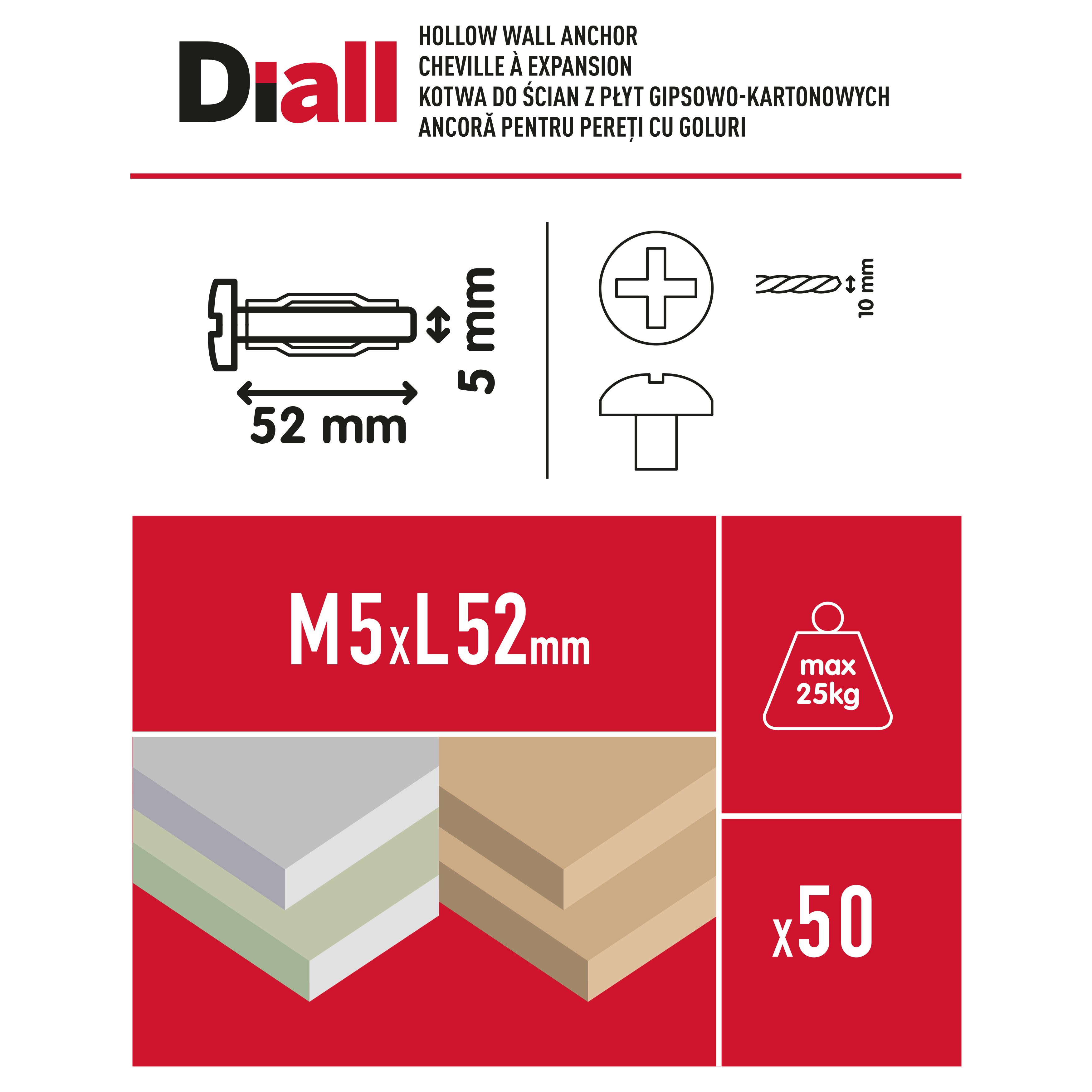 Diall Steel Button Hollow wall anchor M5 (L)52mm, Pack of 50