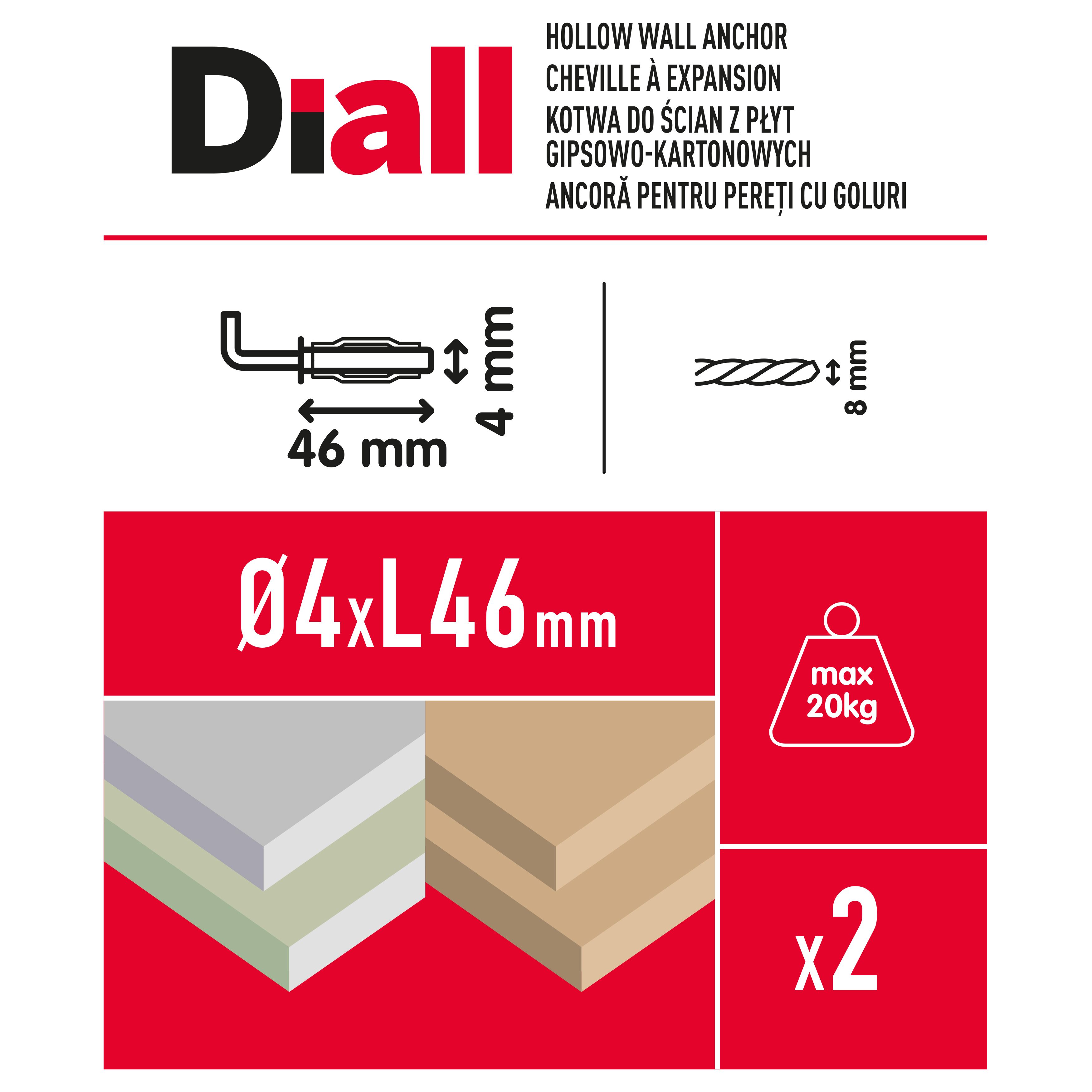 Diall Steel L-hook Hollow wall anchor M4 (L)46mm, Pack of 2