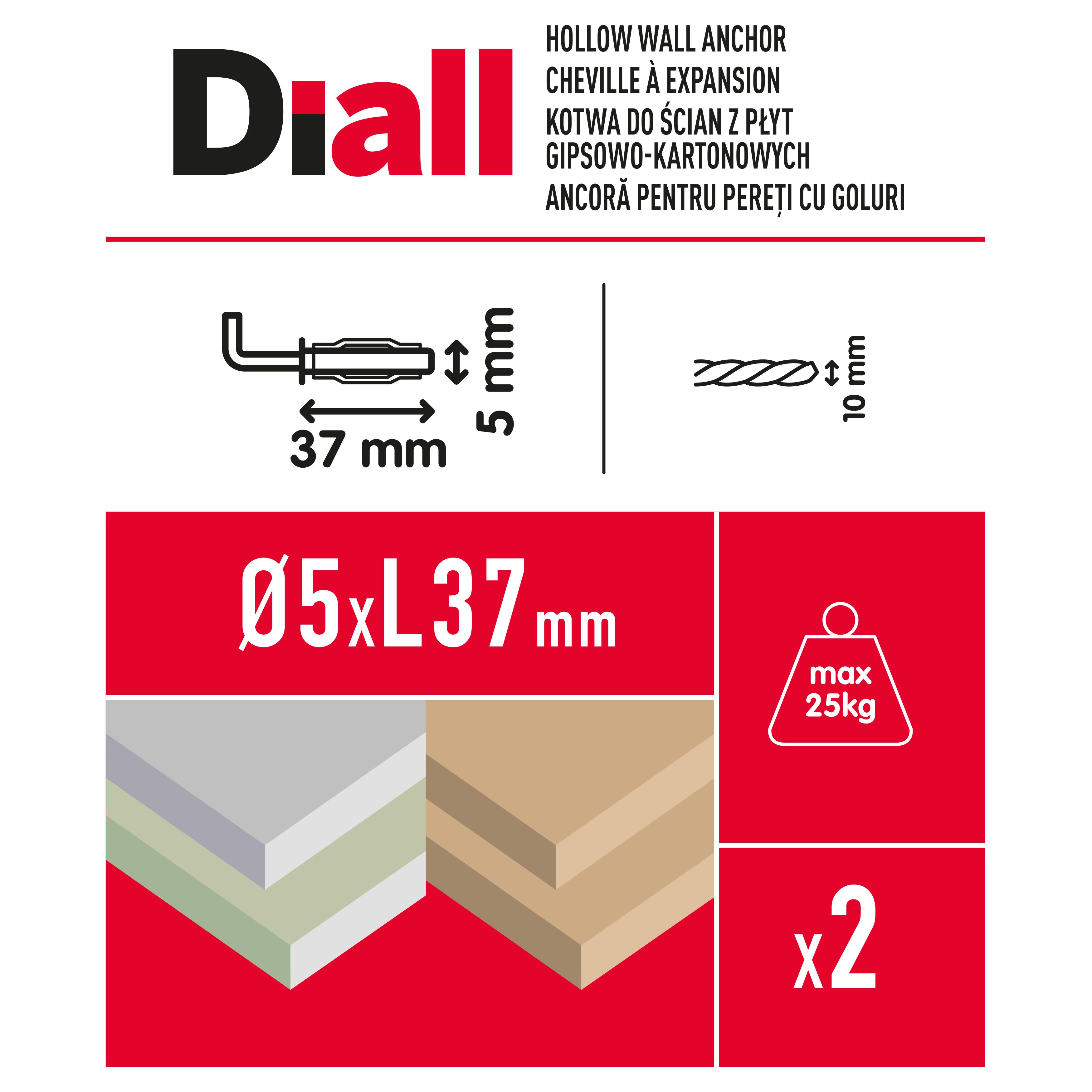 Diall Steel L-hook Hollow wall anchor M5 (L)37mm, Pack of 2