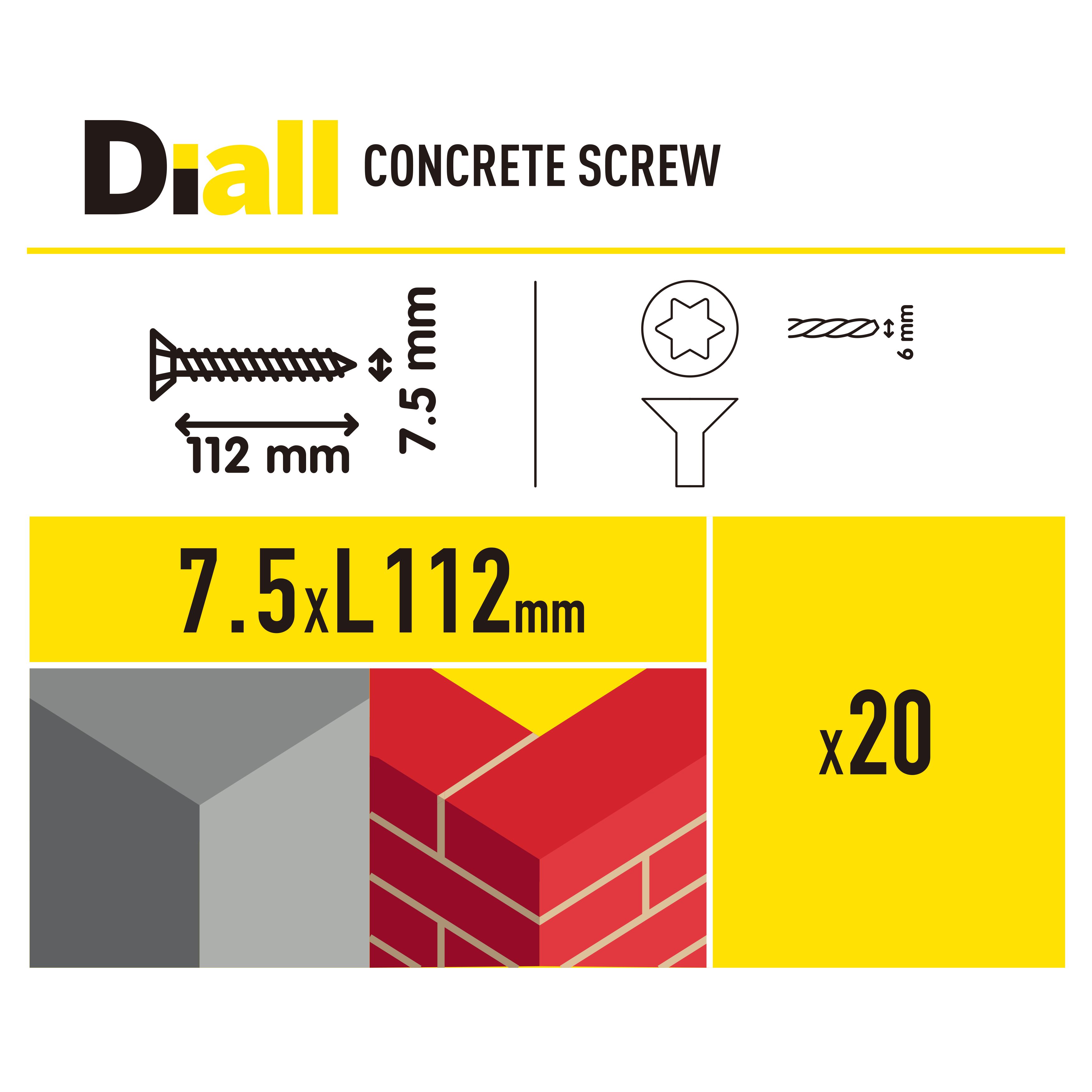 Diall T30 Pan head Steel Concrete screw (Dia)7.5mm (L)112mm, Pack of 20