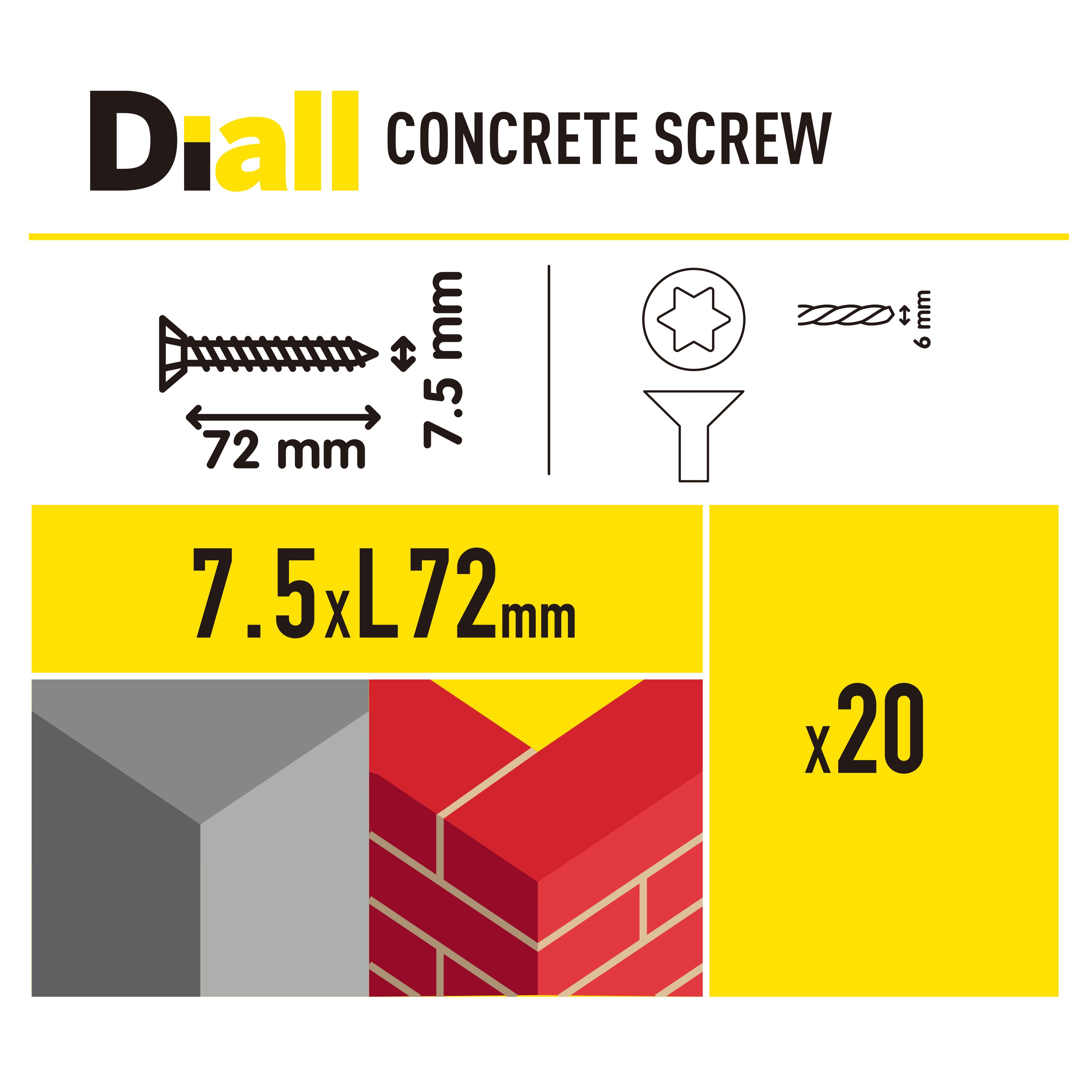 Diall T30 Pan head Steel Concrete screw (Dia)7.5mm (L)72mm, Pack of 20