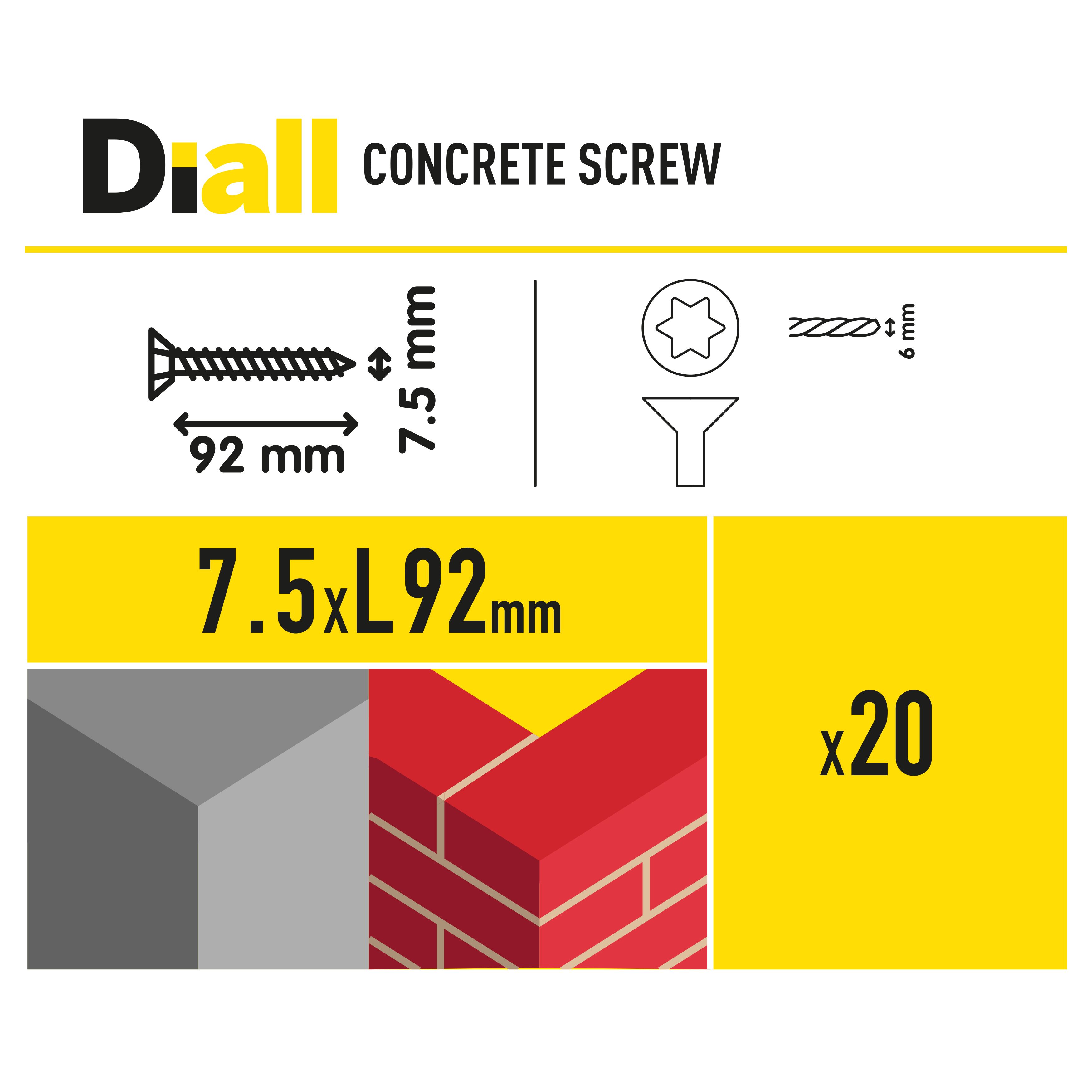 Diall T30 Pan head Steel Concrete screw (Dia)7.5mm (L)92mm, Pack of 20