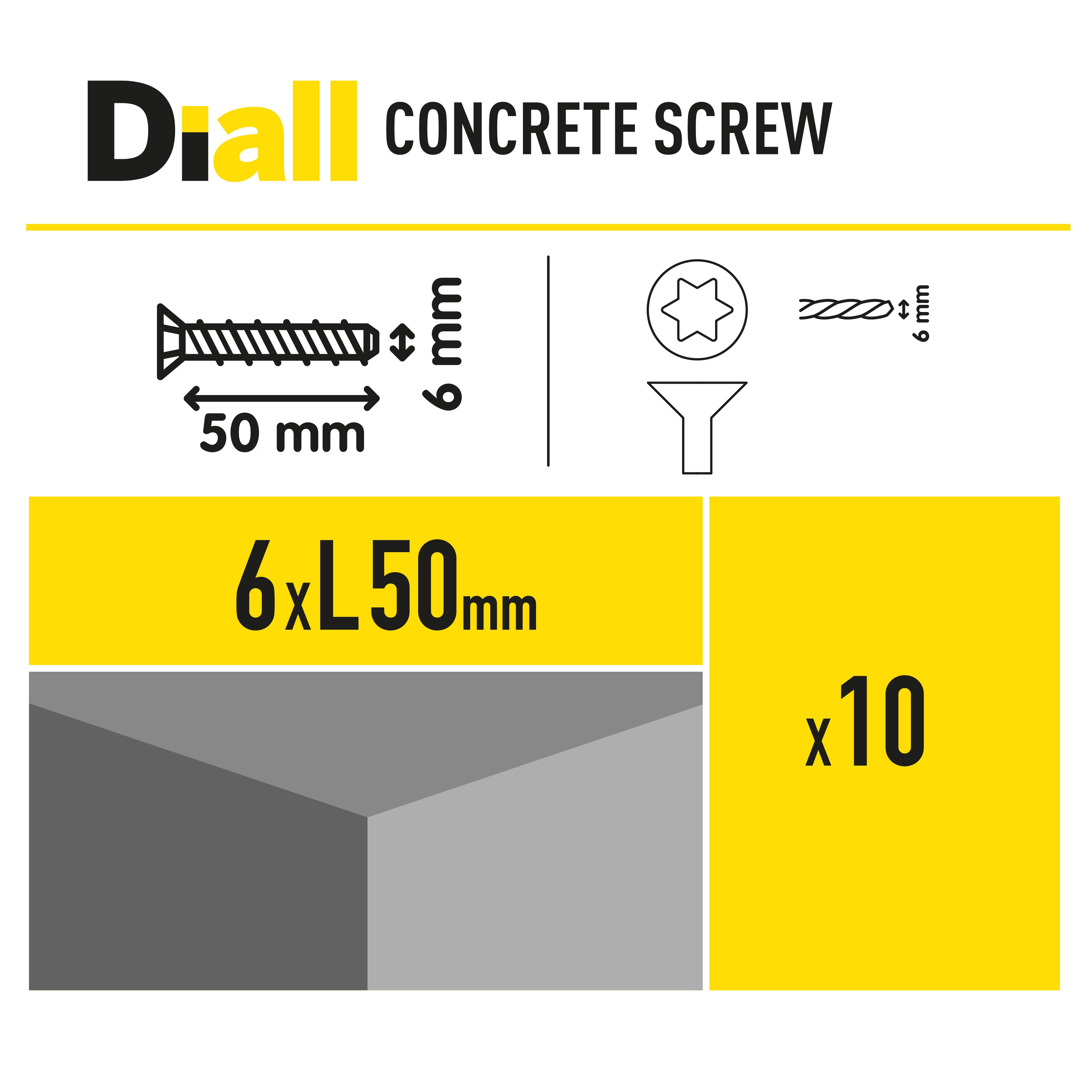 Diall T40 Pan head Steel Concrete screw (Dia)6mm (L)50mm, Pack of 10