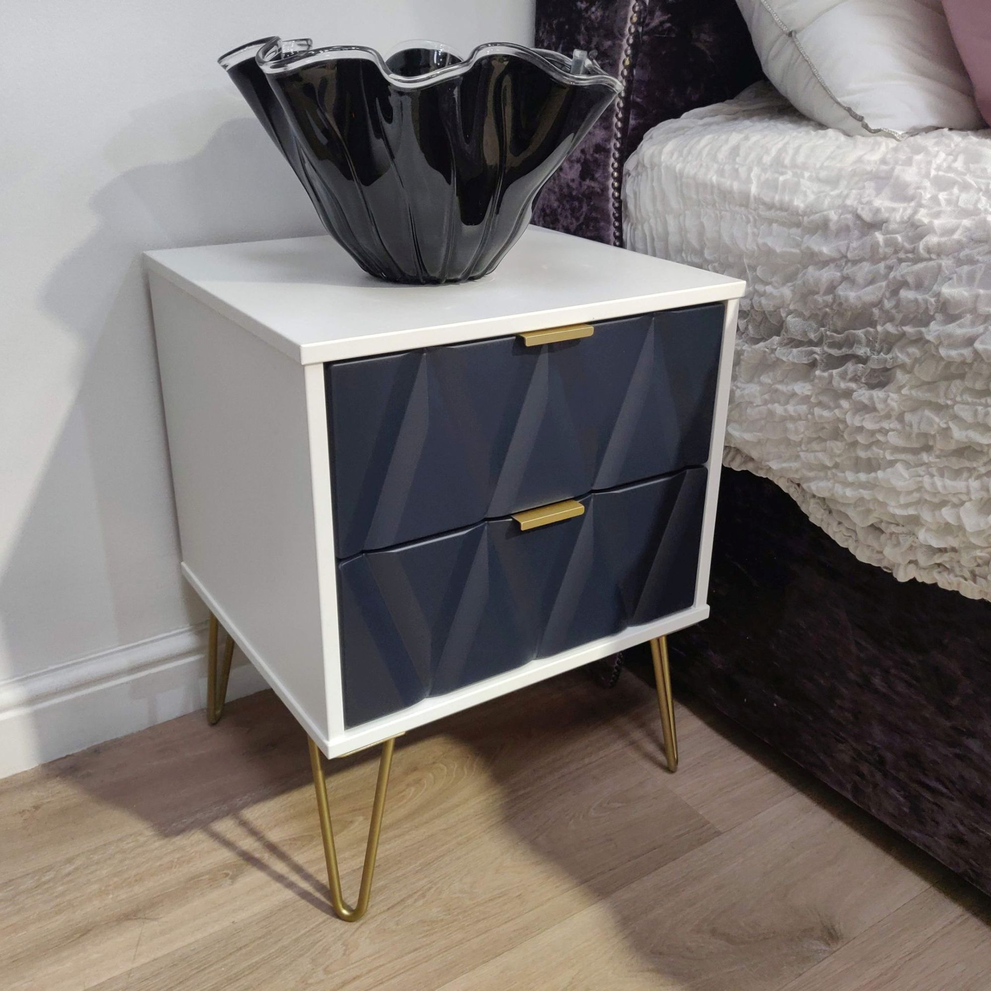Diamond Ready assembled Matt indigo & white 2 Drawer Bedside chest (H)505mm (W)395mm (D)415mm