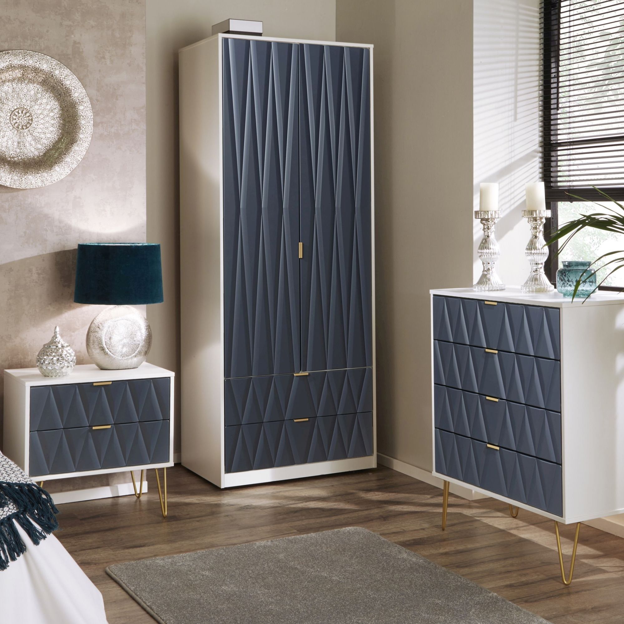 Diamond Ready assembled Matt indigo & white 2 Drawer Bedside chest (H)505mm (W)395mm (D)415mm