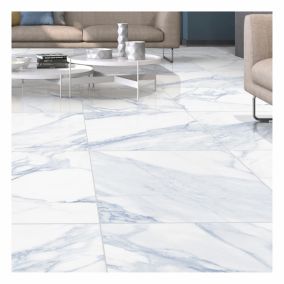 Dolore White+Blue Gloss Marble effect Porcelain Indoor Wall & floor Tile, Pack of 3, (L)600mm (W)600mm