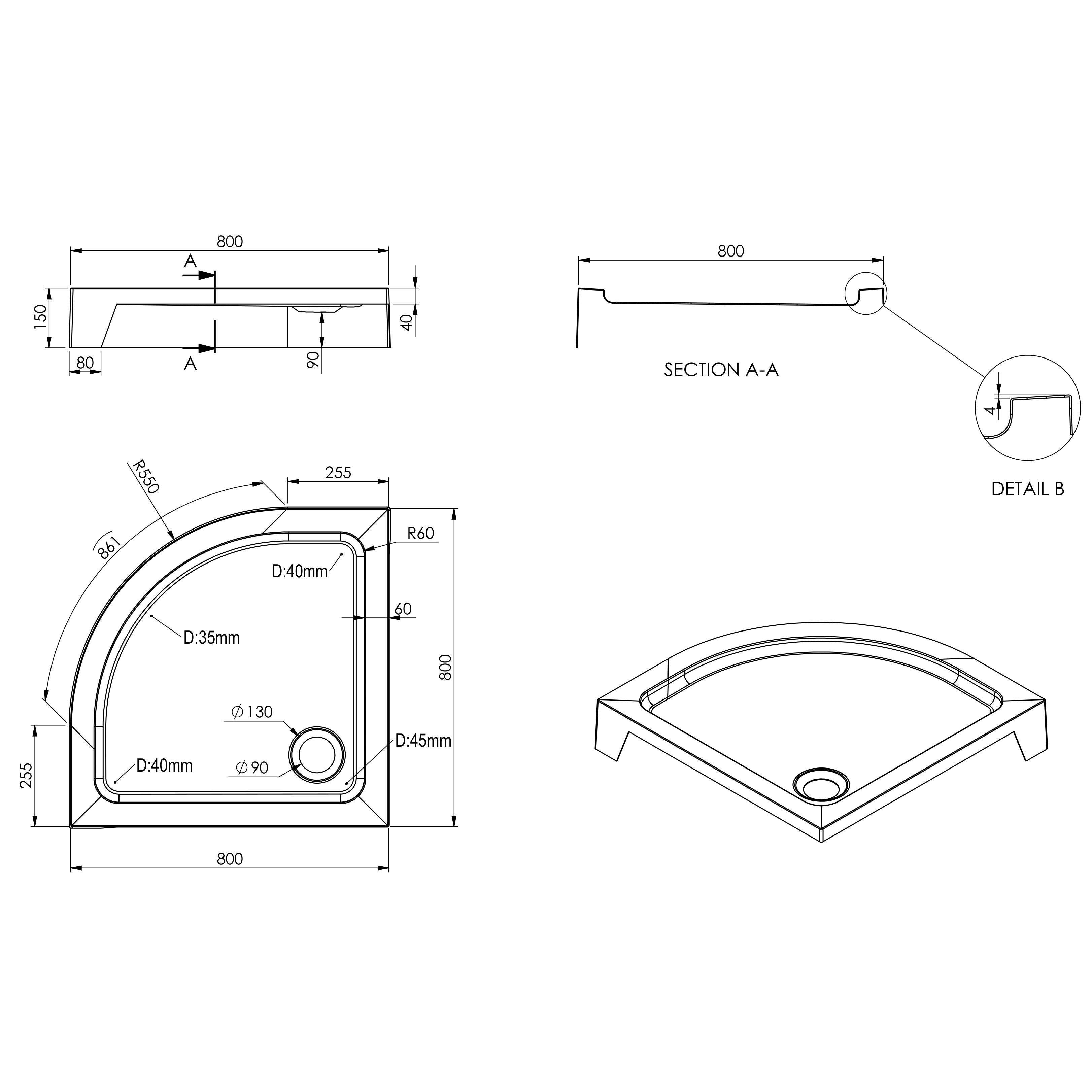 Dommel Gloss White Quadrant Corner drain Shower tray (L)800mm (W)800mm (H) 150mm