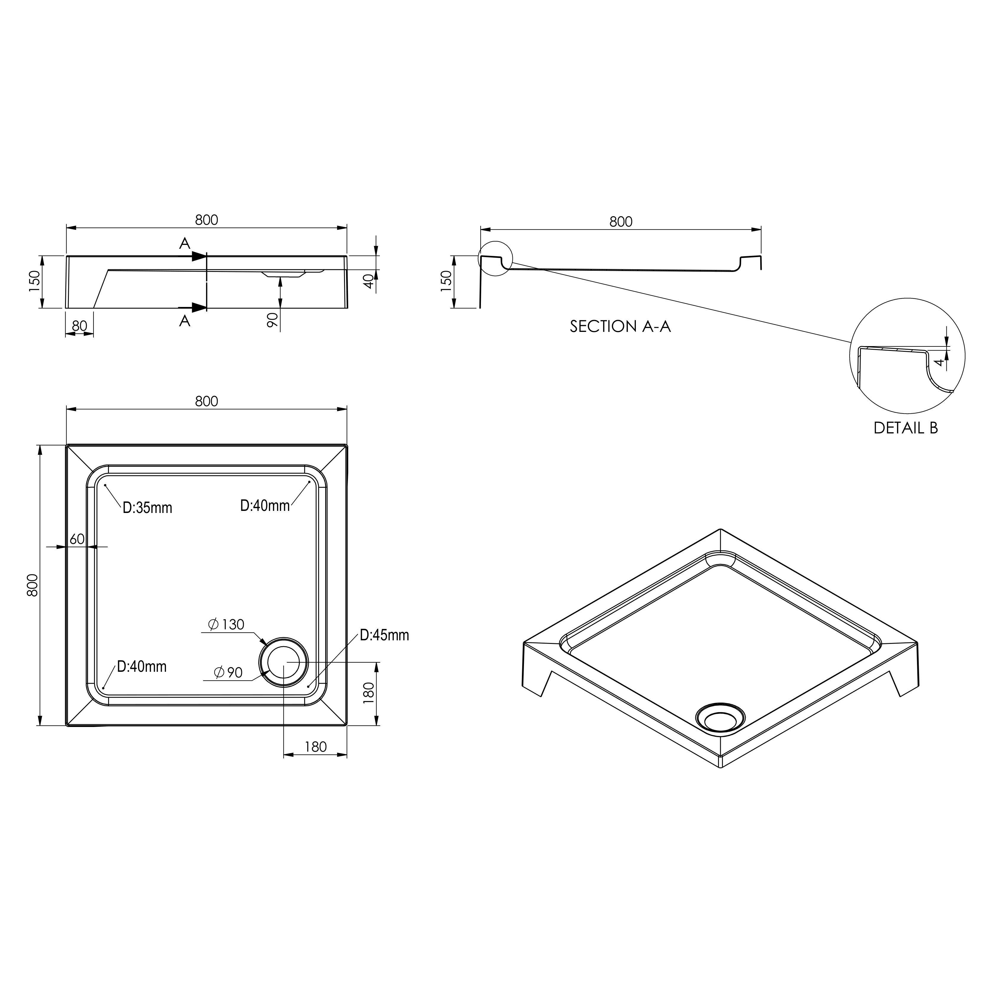 Dommel Gloss White Square Corner drain Shower tray (L)800mm (W)800mm (H) 150mm