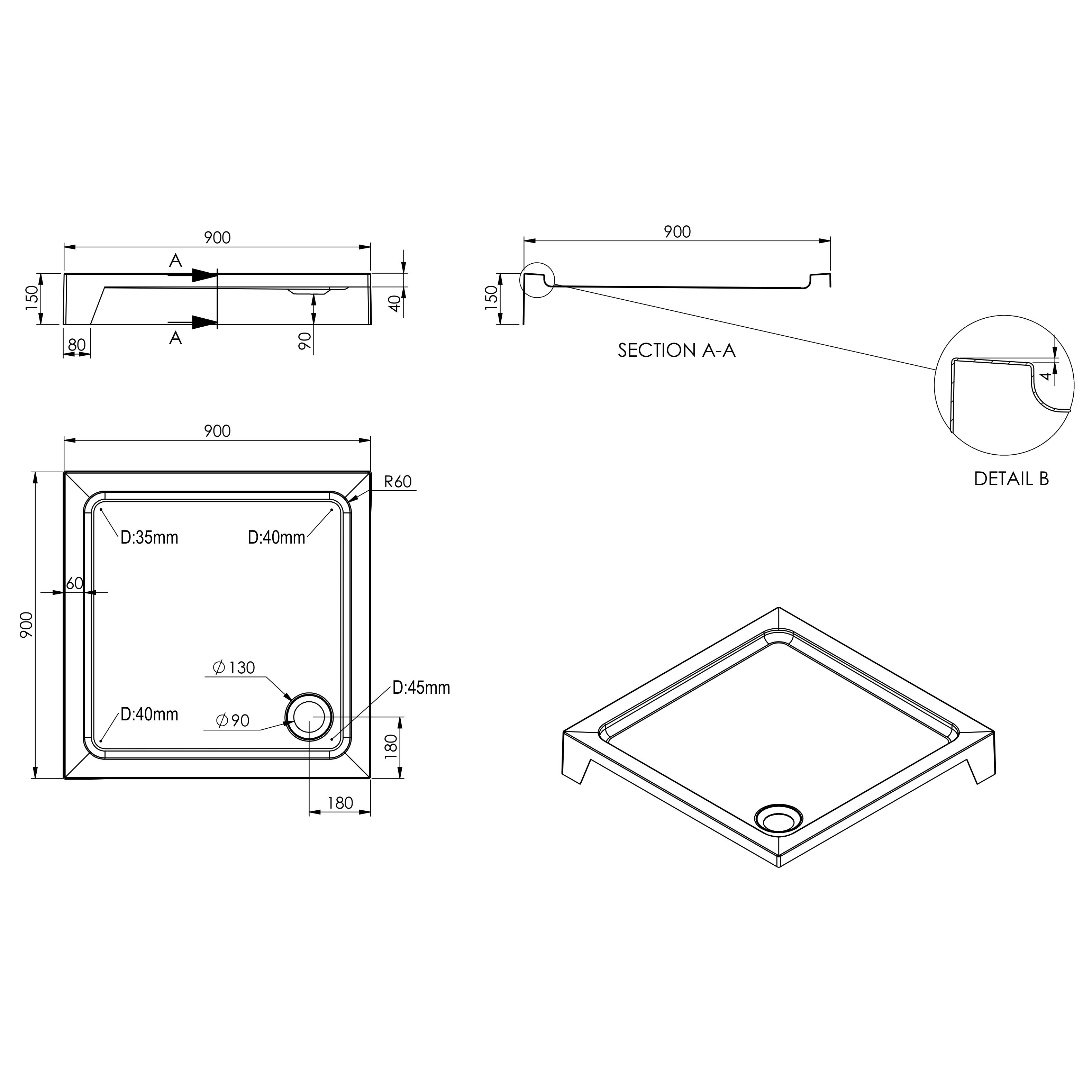 Dommel Gloss White Square Corner drain Shower tray (L)900mm (W)900mm (H) 150mm