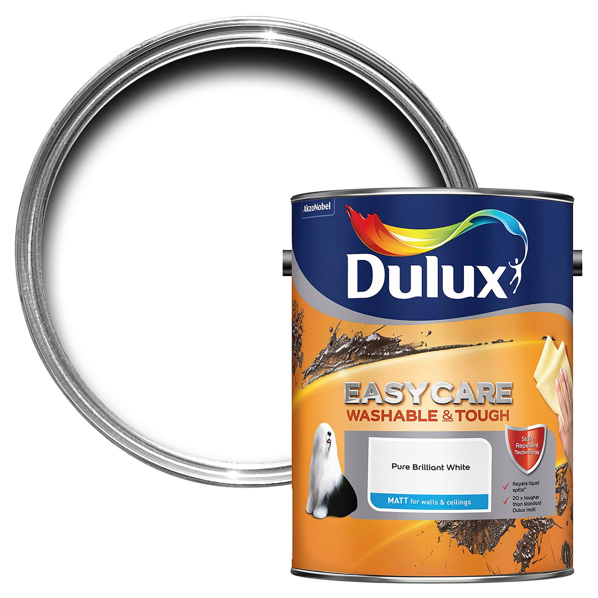 Dulux Easycare Pure brilliant white Matt Emulsion paint, 5L