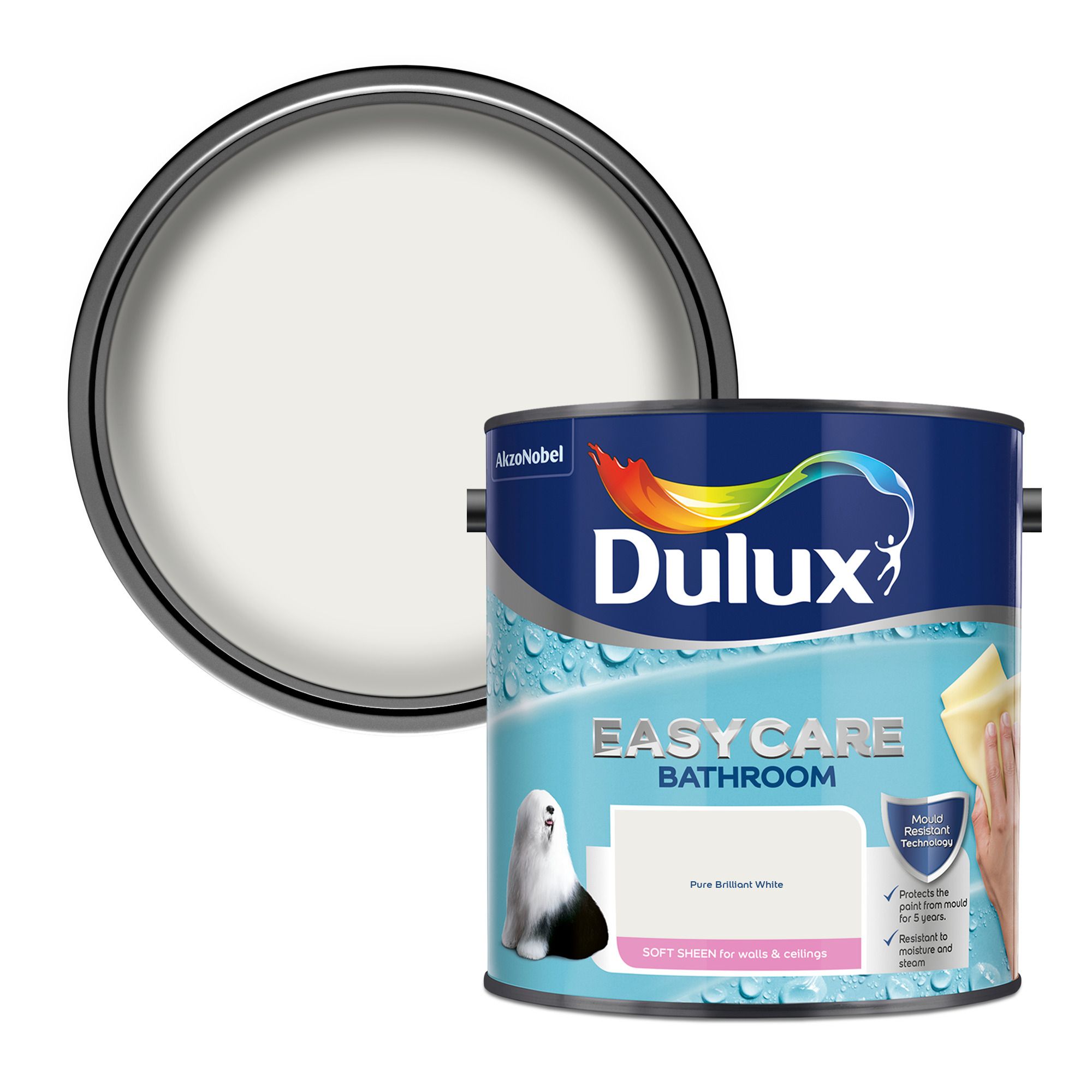 Dulux Easycare Pure brilliant white Soft sheen Wall & ceiling Emulsion paint, 2.5L