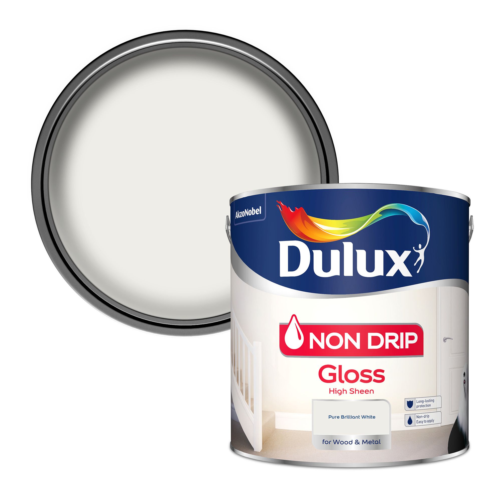 Dulux Non-drip Pure brilliant white High gloss Interior Metal & wood Trim paint, 2.5L