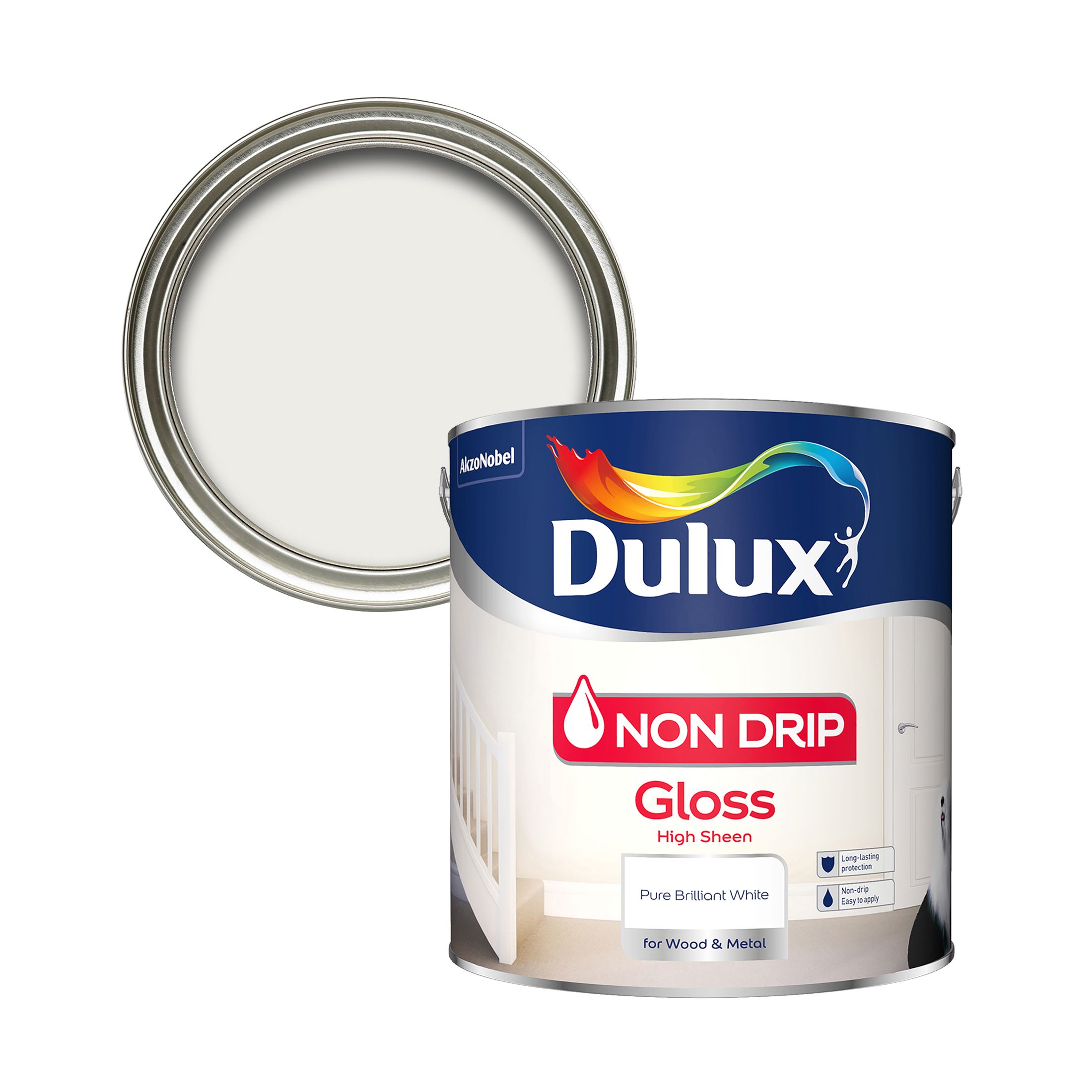 Dulux Nondrip Pure brilliant white High gloss Trim paint, 2.5L DIY at B&Q