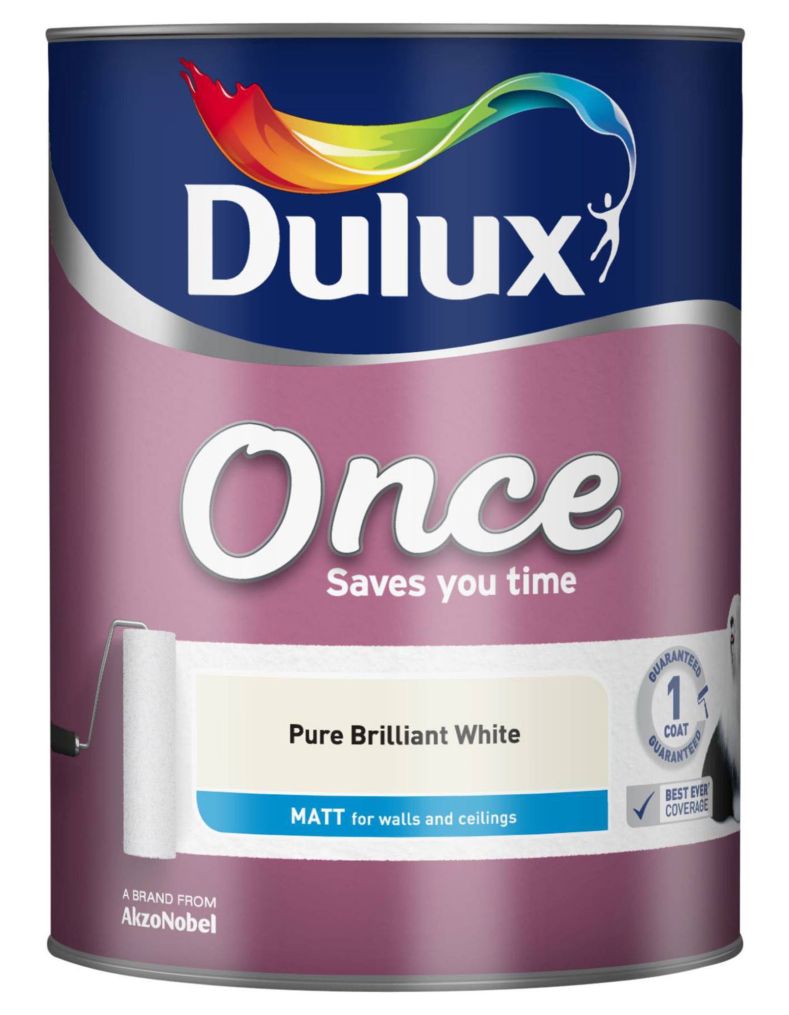 Dulux Once Pure brilliant white Matt Emulsion paint, 5L