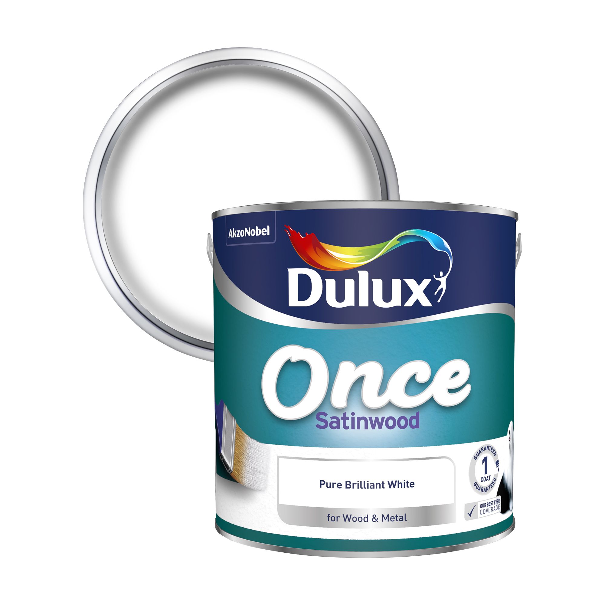 Dulux Once Pure brilliant white Satinwood Metal & wood paint, 2.5L at B&Q