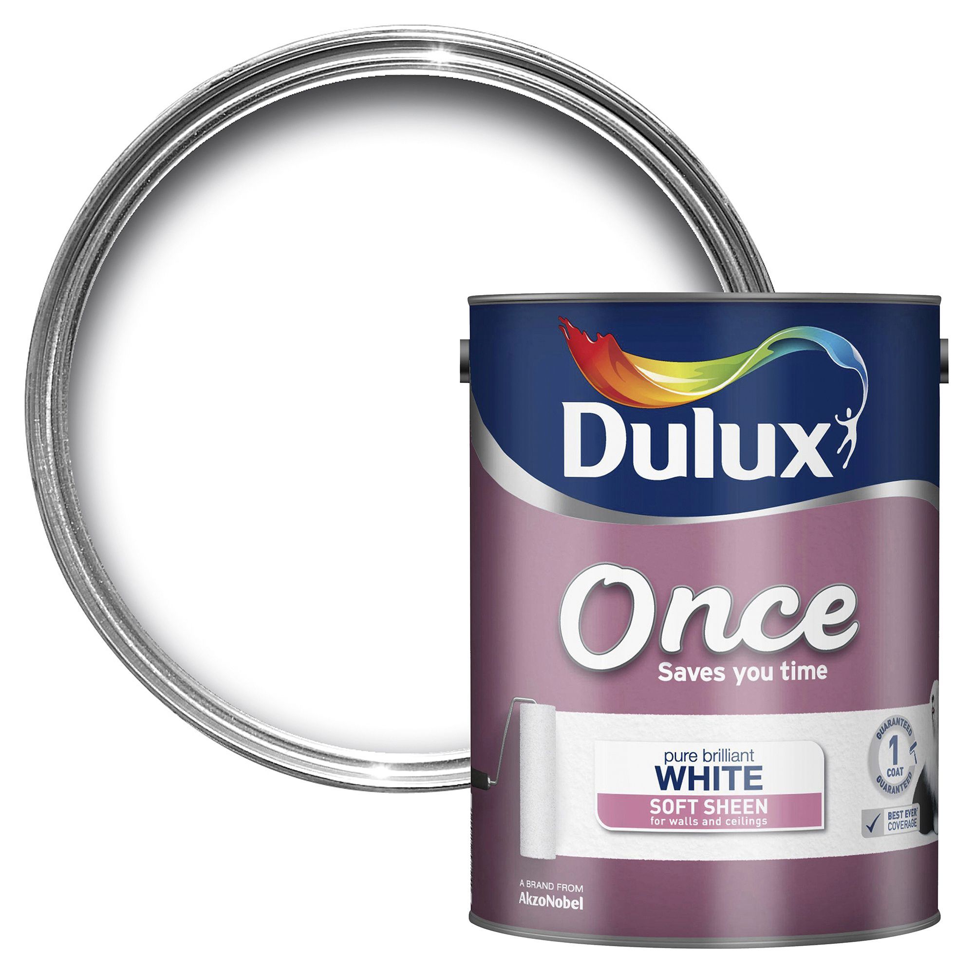 Dulux Once Pure brilliant white Soft sheen Emulsion paint 5L DIY at B&Q