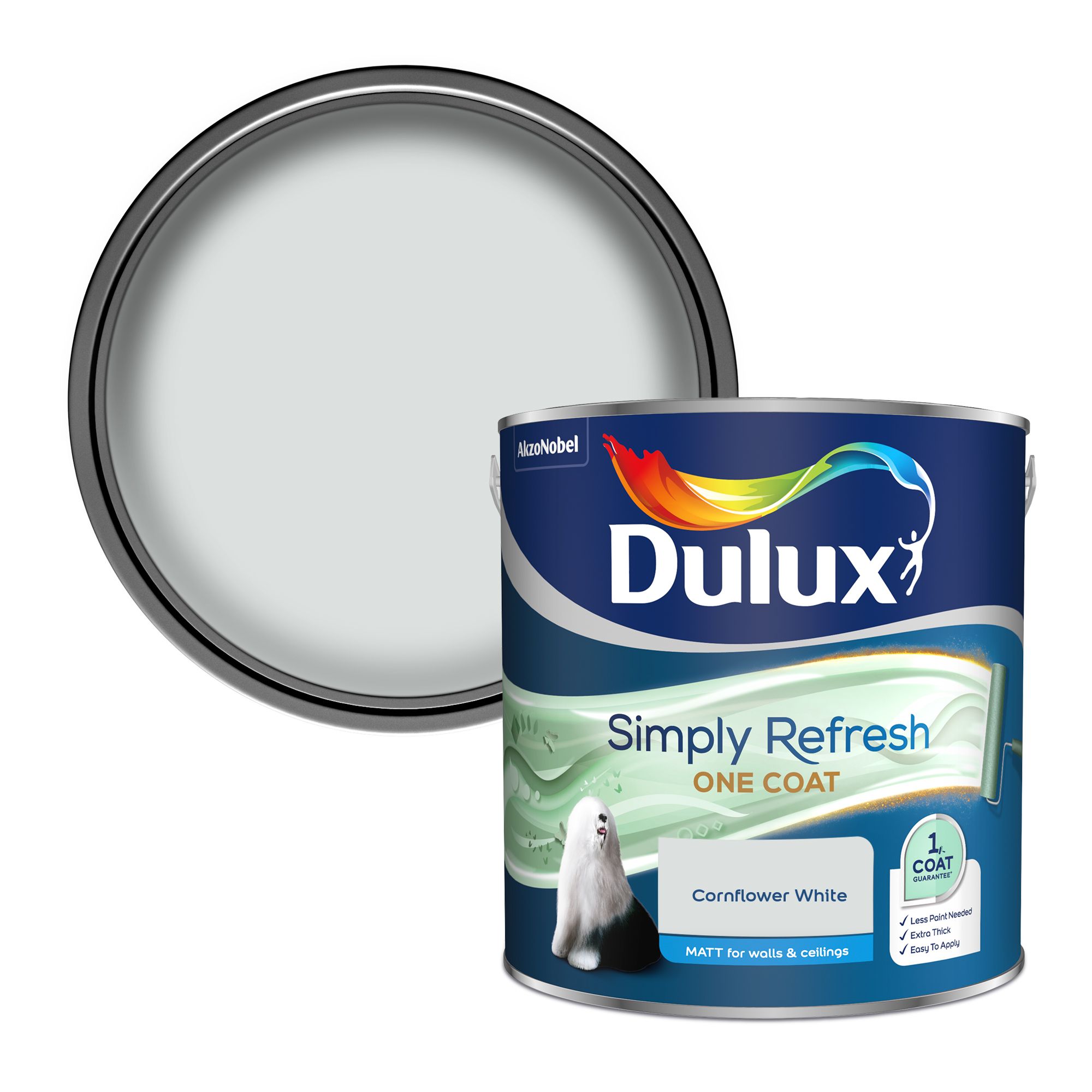 Dulux One coat Cornflower white Matt Emulsion paint, 2.5L DIY at B&Q