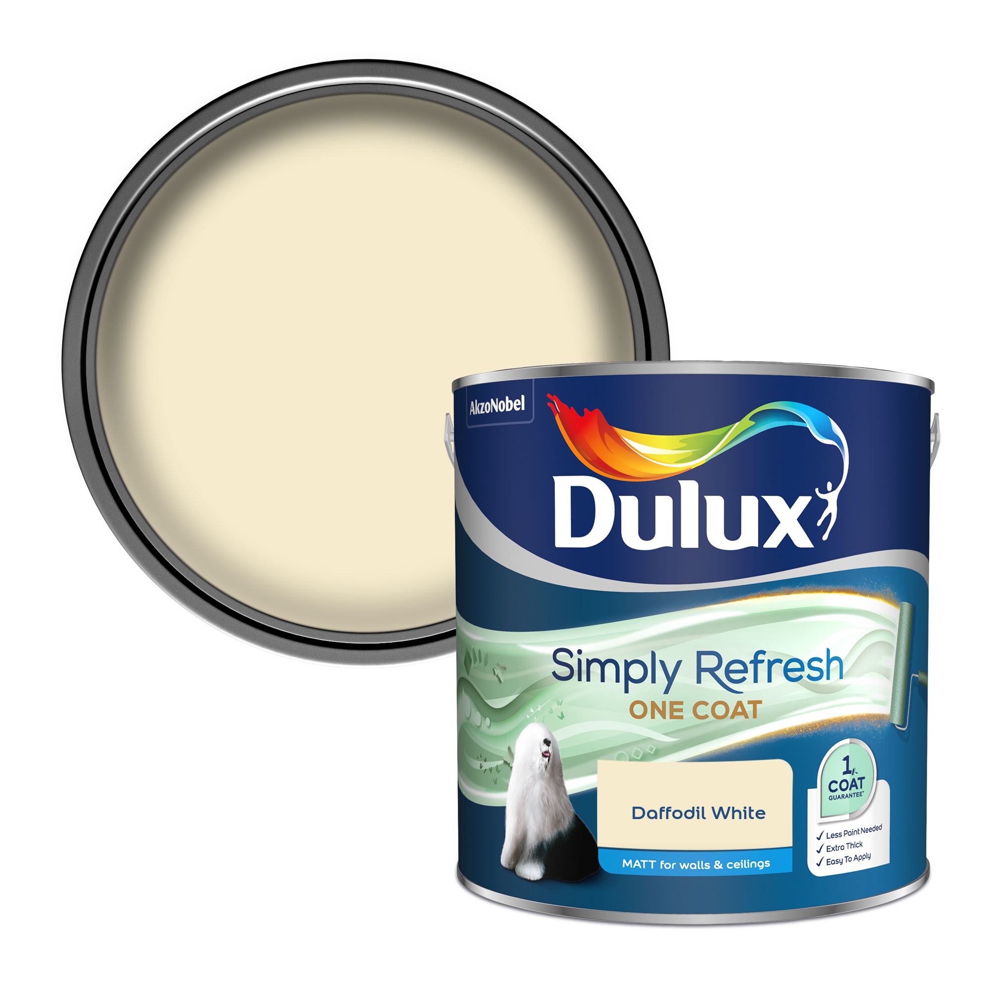 Dulux One coat Daffodil white Matt Emulsion paint, 2.5L