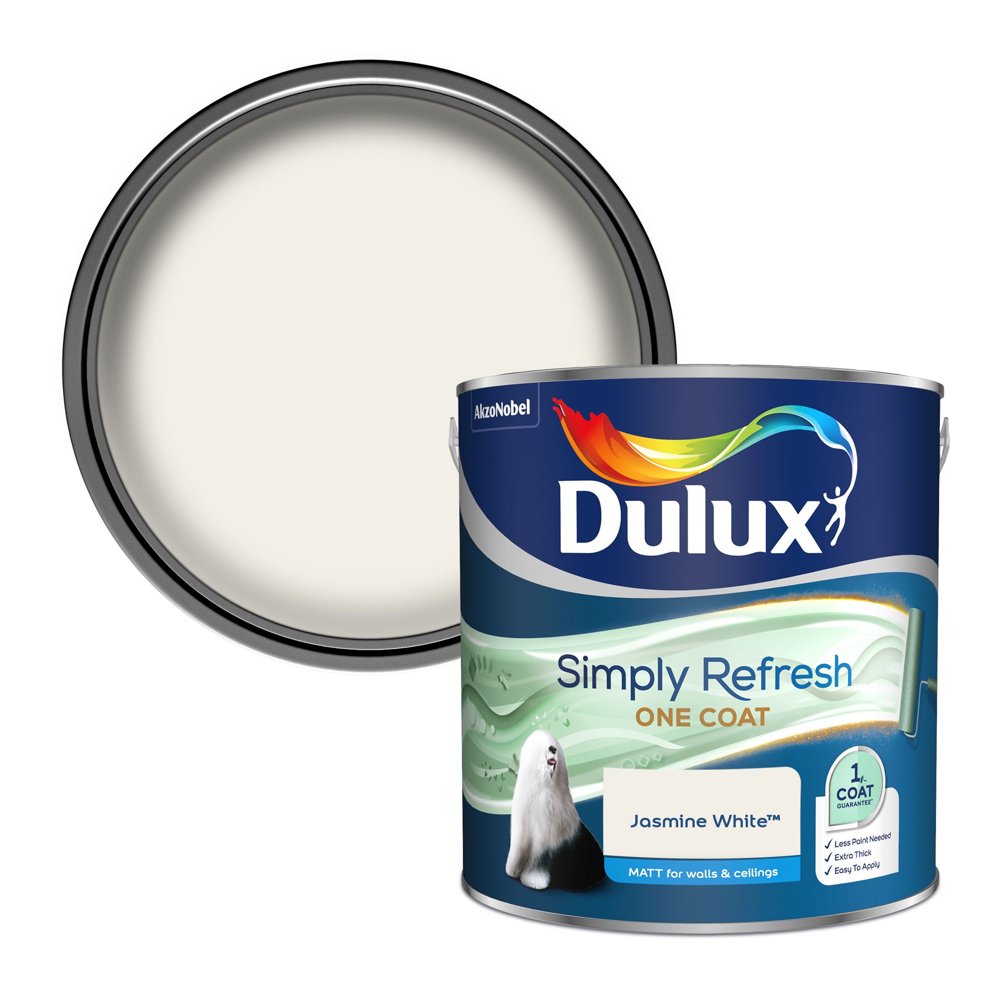 Dulux One coat Jasmine white Matt Emulsion paint, 2.5L DIY at B&Q