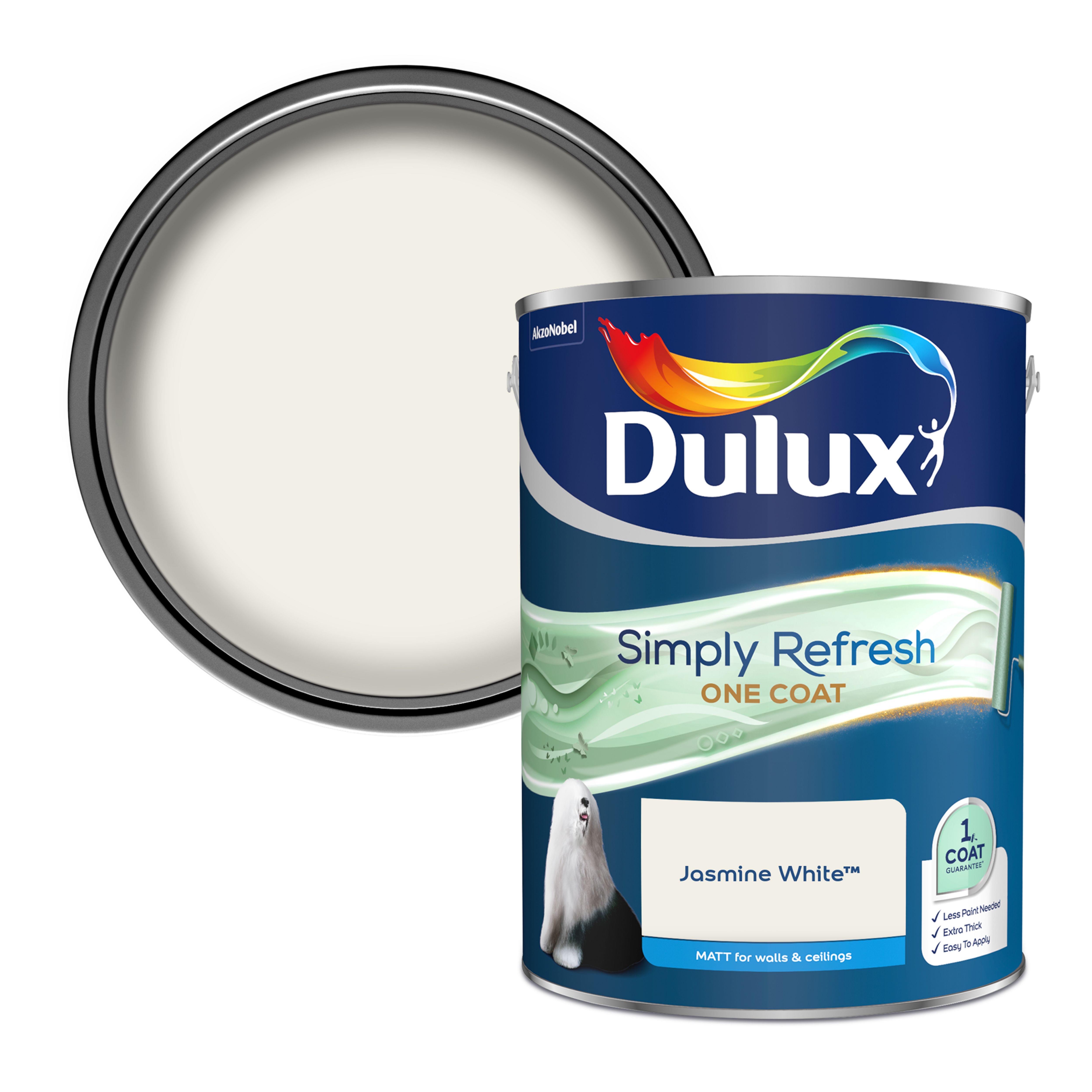 Dulux One coat Jasmine white Matt Emulsion paint, 5L