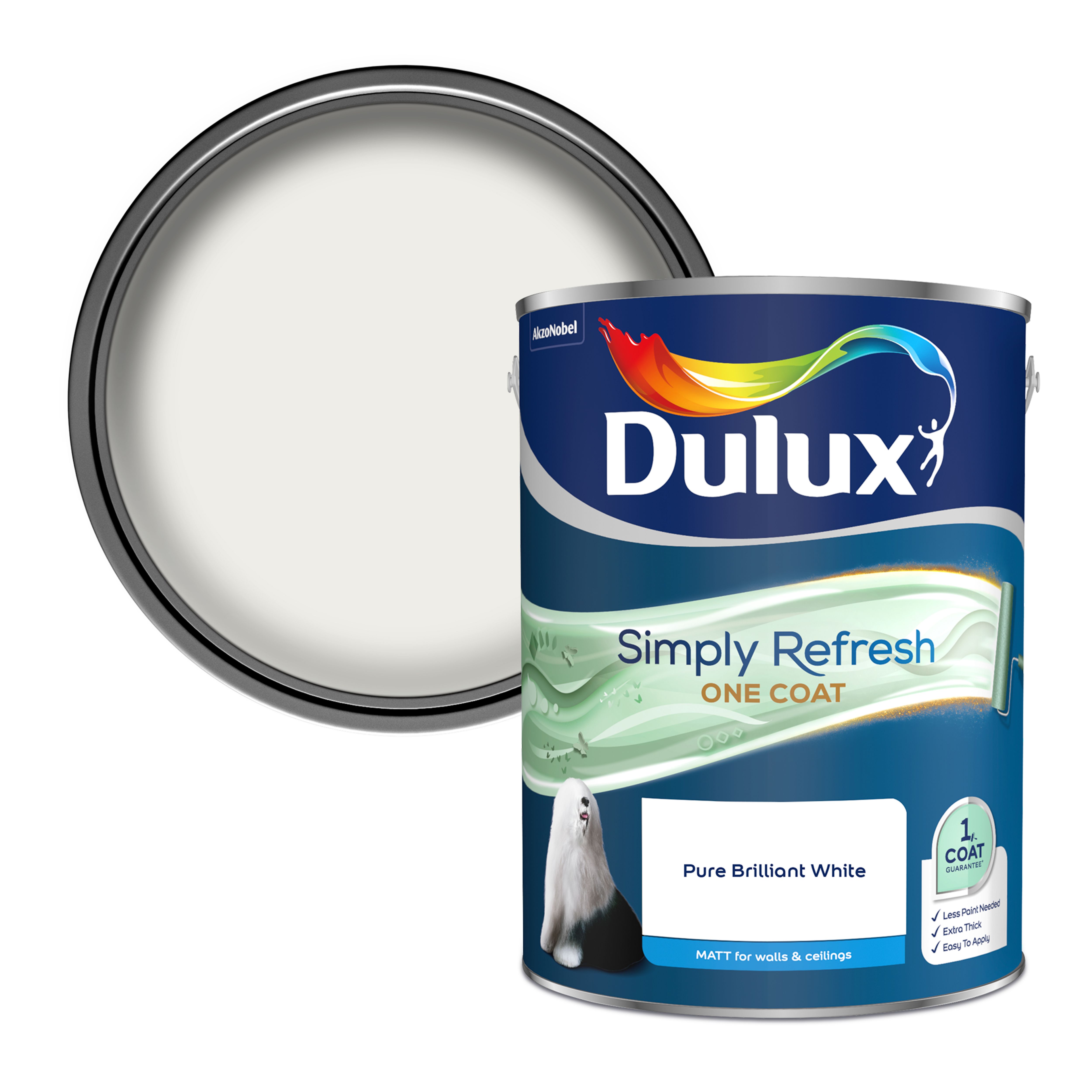 Dulux One coat Pure brilliant white Matt Emulsion paint, 5L