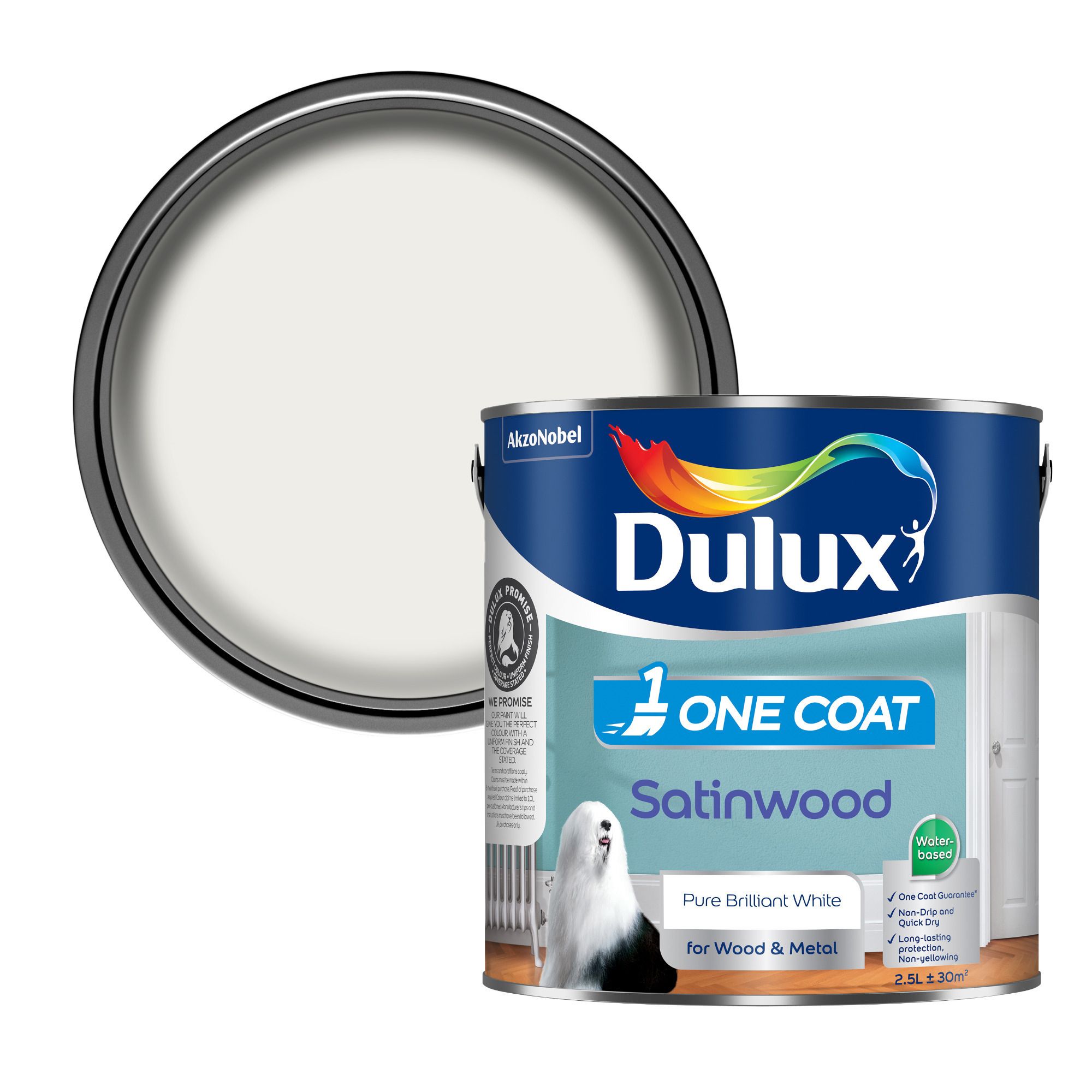 Dulux One Coat Pure Brilliant White Satinwood Metal & wood paint, 2.5L ...