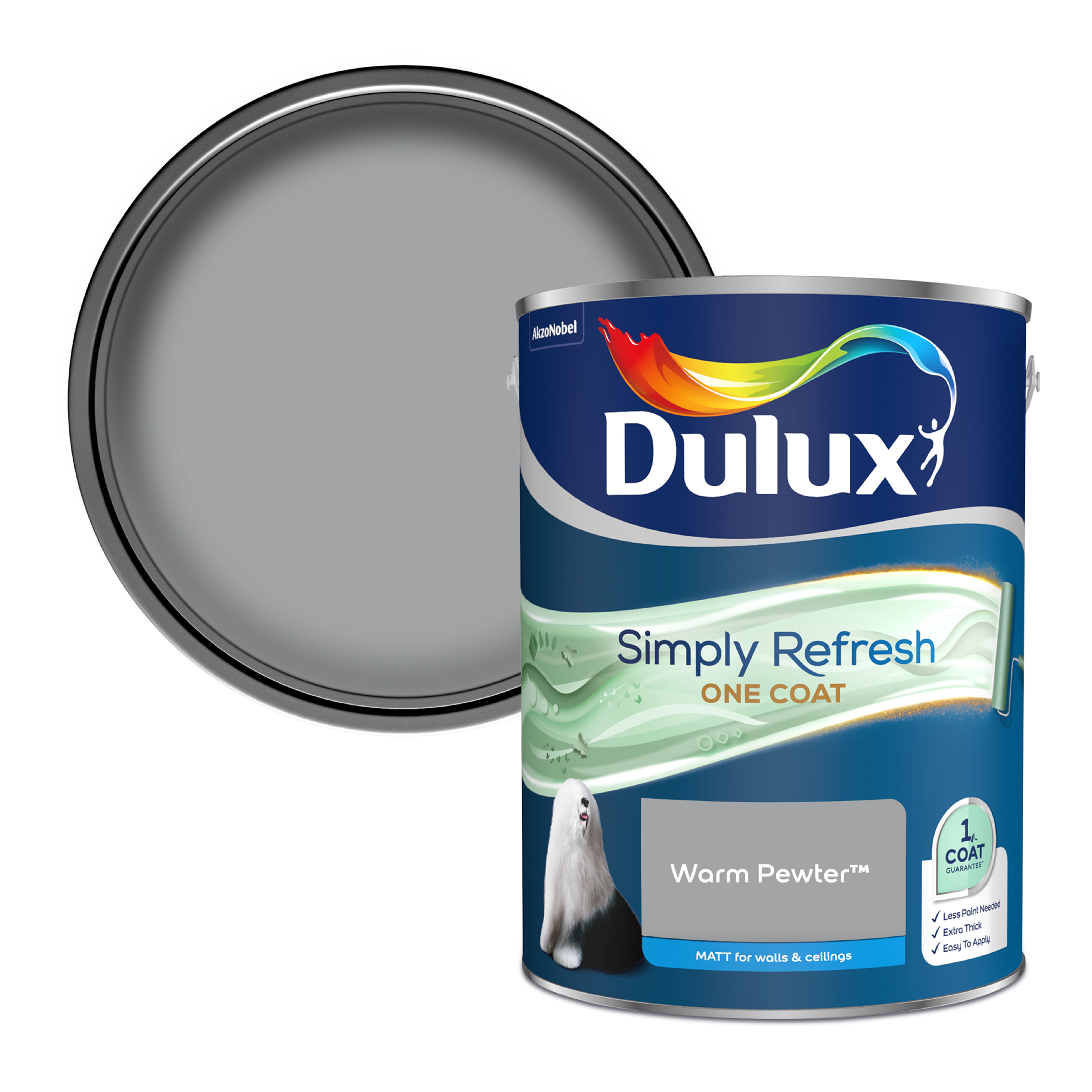 Dulux One coat Warm pewter Matt Emulsion paint, 5L