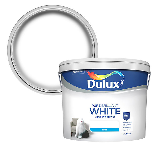 Dulux Pure Brilliant White Matt Emulsion Paint 10l Diy At B Q - White Paint For Walls Dulux