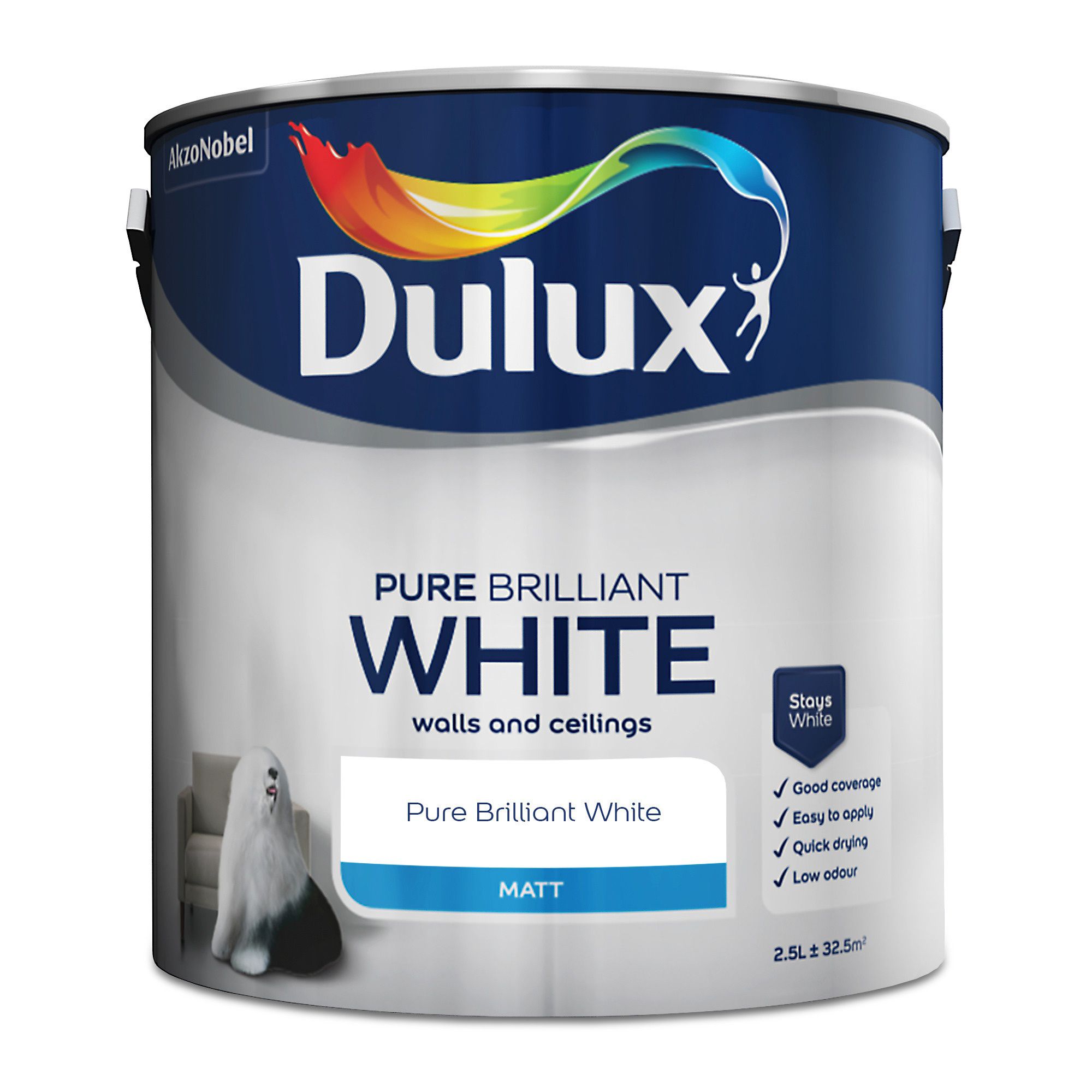 Dulux Pure brilliant white Matt Emulsion paint, 2.5L