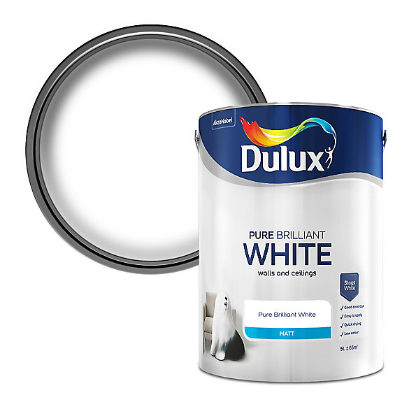 Dulux Pure brilliant white Matt Emulsion paint, 5L | DIY at B&Q