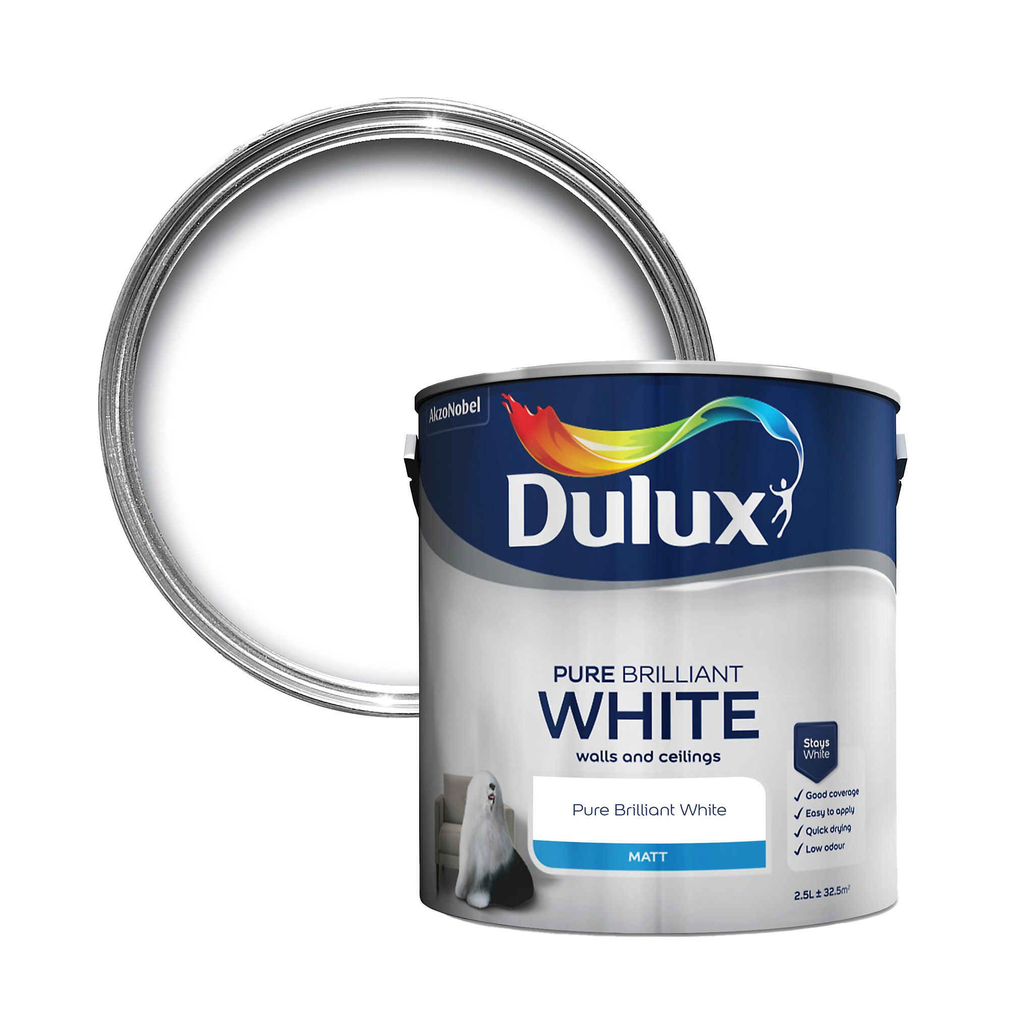 Dulux Pure brilliant white Matt Wall & ceiling Emulsion paint, 2.5L
