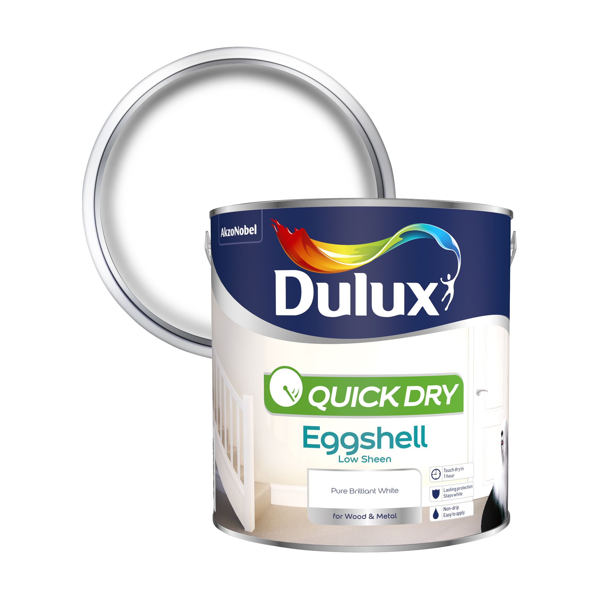 Dulux Quick dry Pure brilliant white Eggshell Metal & wood paint, 2.5L