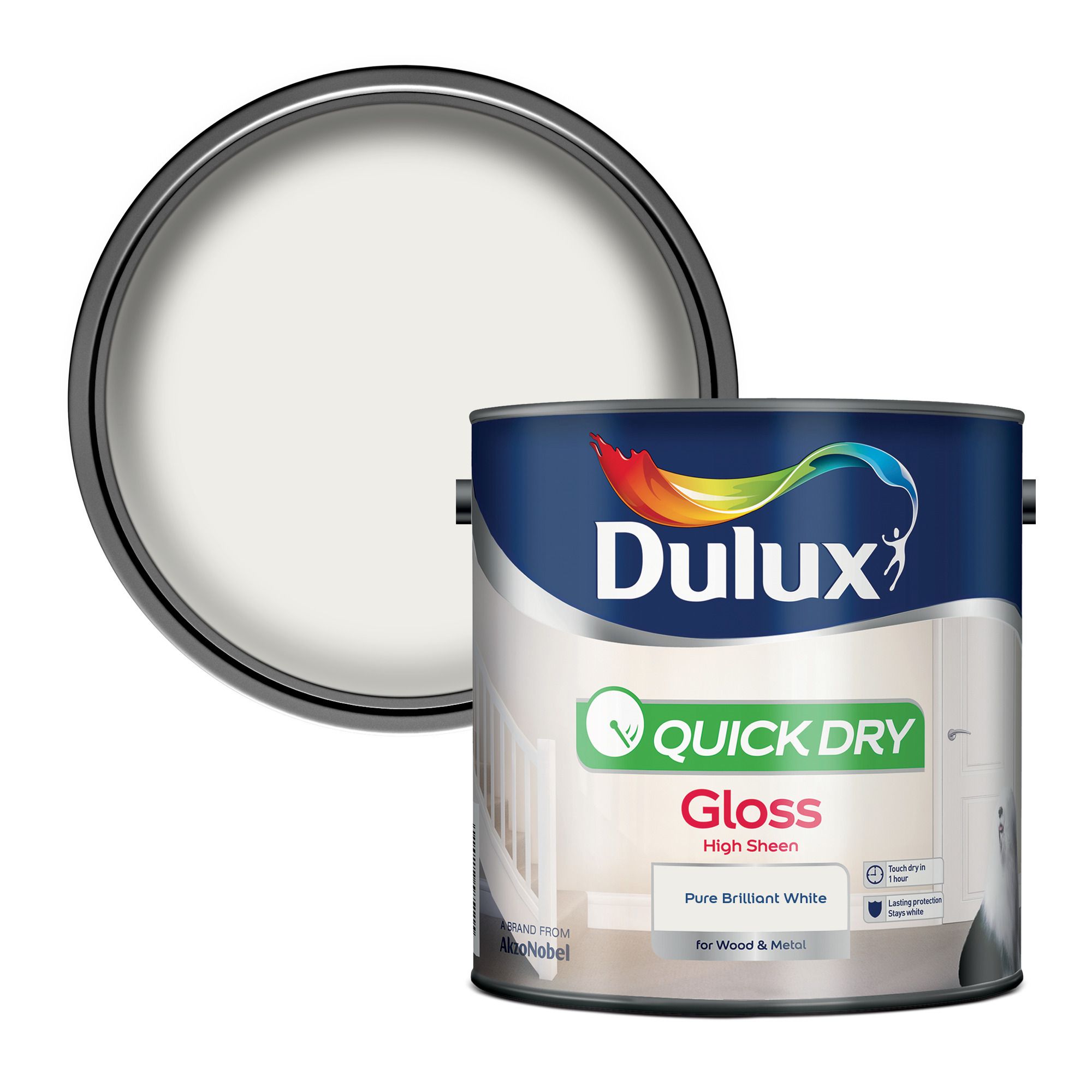 Dulux Quick Dry Pure brilliant white Gloss Interior Metal & wood paint, 2.5L