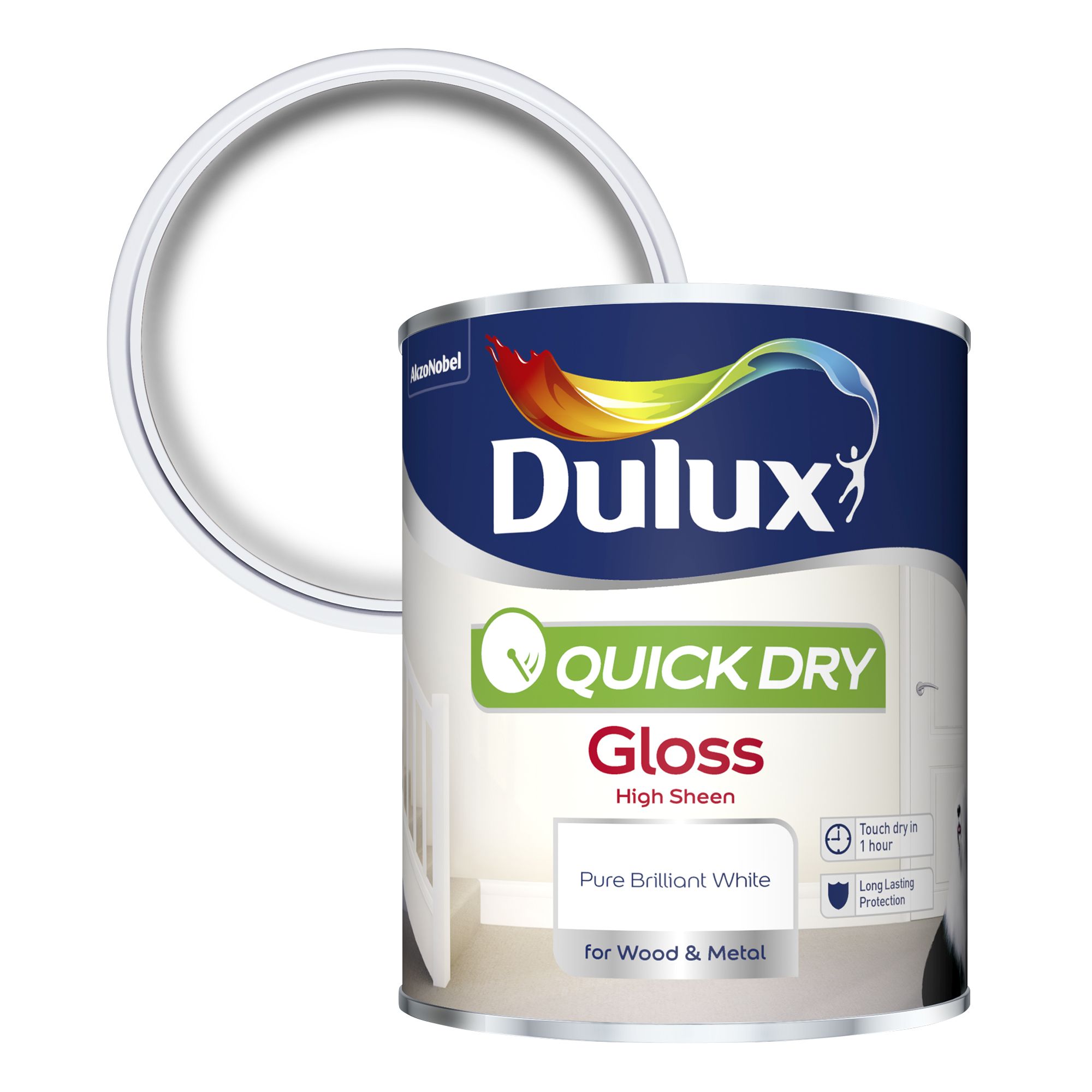 Dulux Quick Dry Pure Brilliant White Gloss Metal & Wood Paint, 0.75L ...