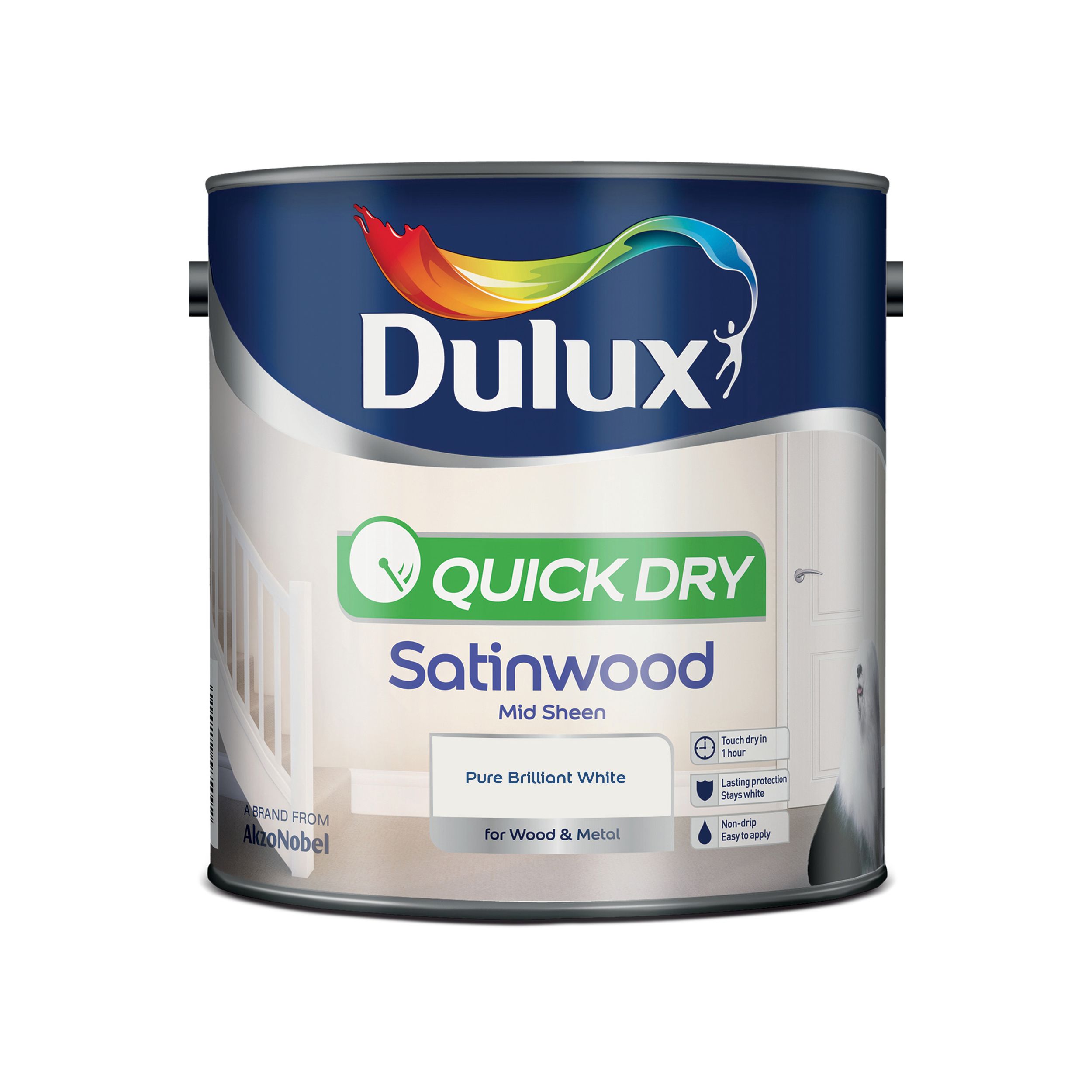 Dulux Quick Dry Pure brilliant white Satinwood Interior Metal & wood paint, 2.5L