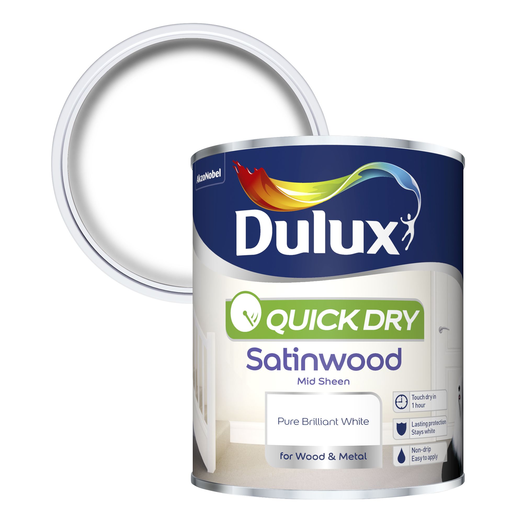 Dulux Quick Dry Pure brilliant white Satinwood Interior Metal & wood paint, 750ml