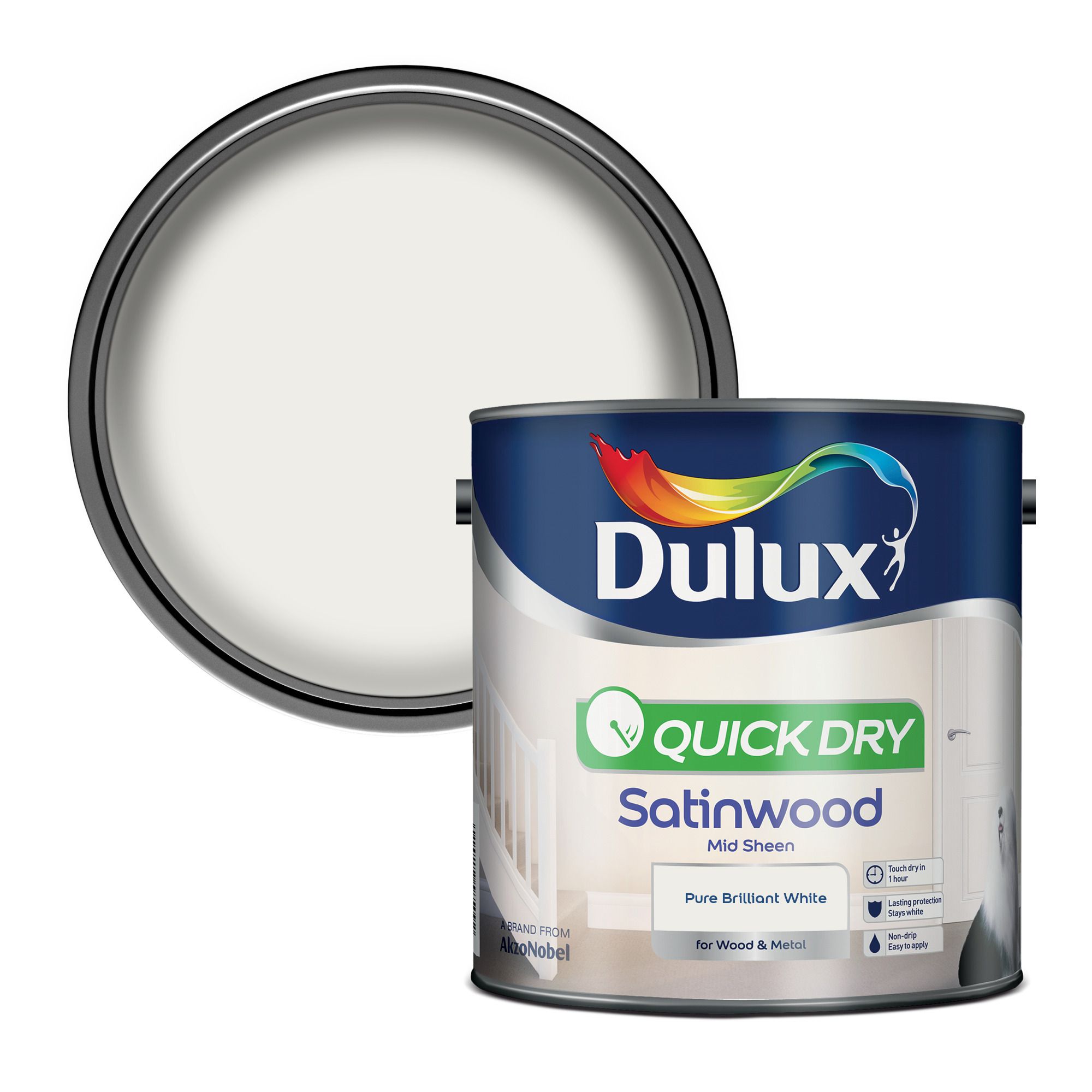 Dulux Quick dry Pure brilliant white Satinwood Metal wood paint