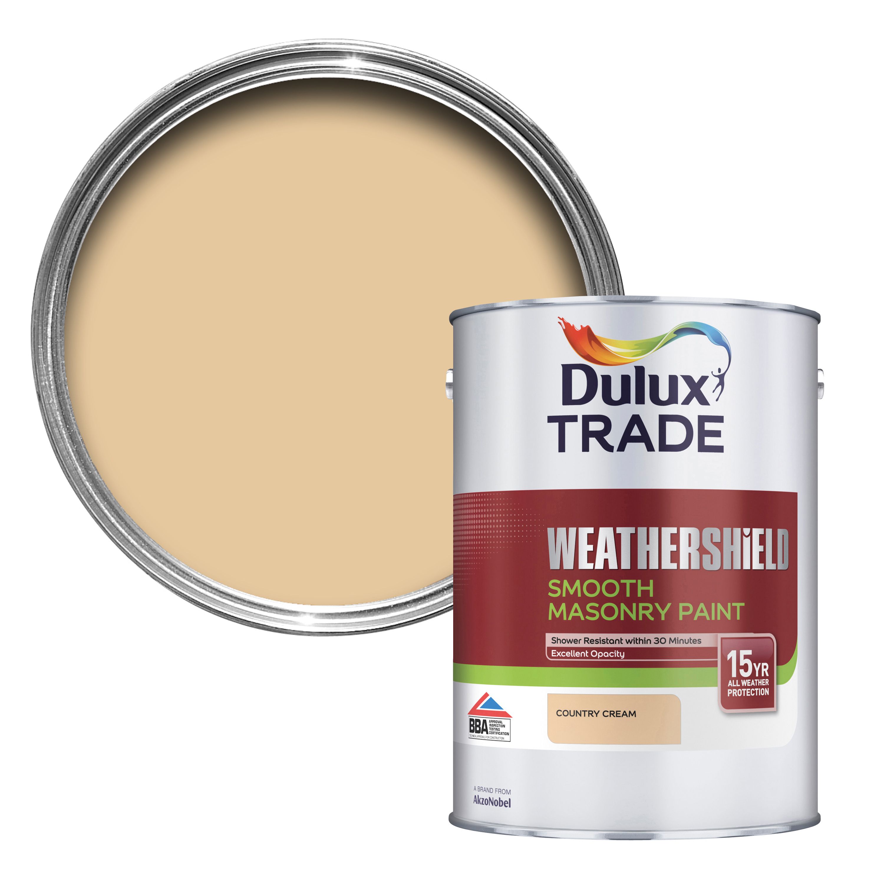 Dulux Trade Weathershield Country cream Smooth Masonry paint, 5L DIY