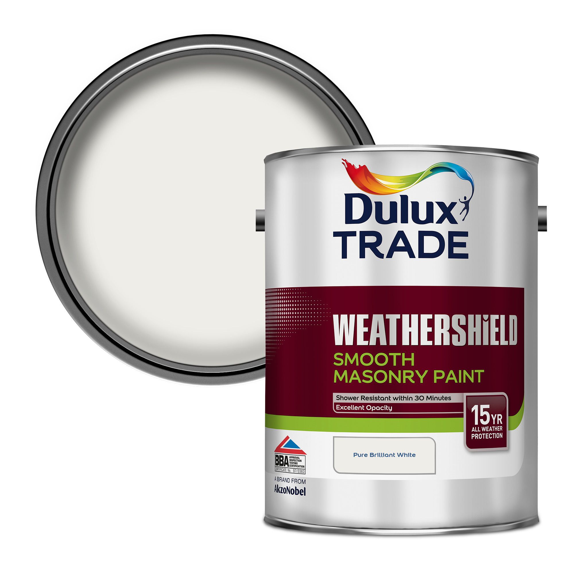 Dulux Trade Weathershield Pure brilliant white Smooth Masonry paint, 5L