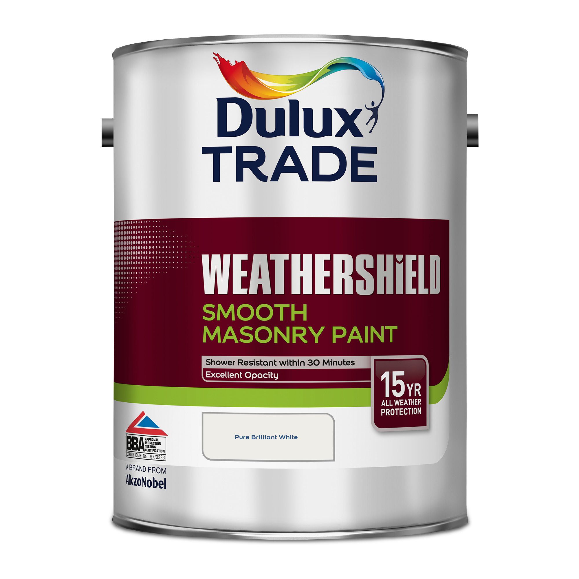 Dulux Trade Weathershield Pure brilliant white Smooth Masonry paint, 5L